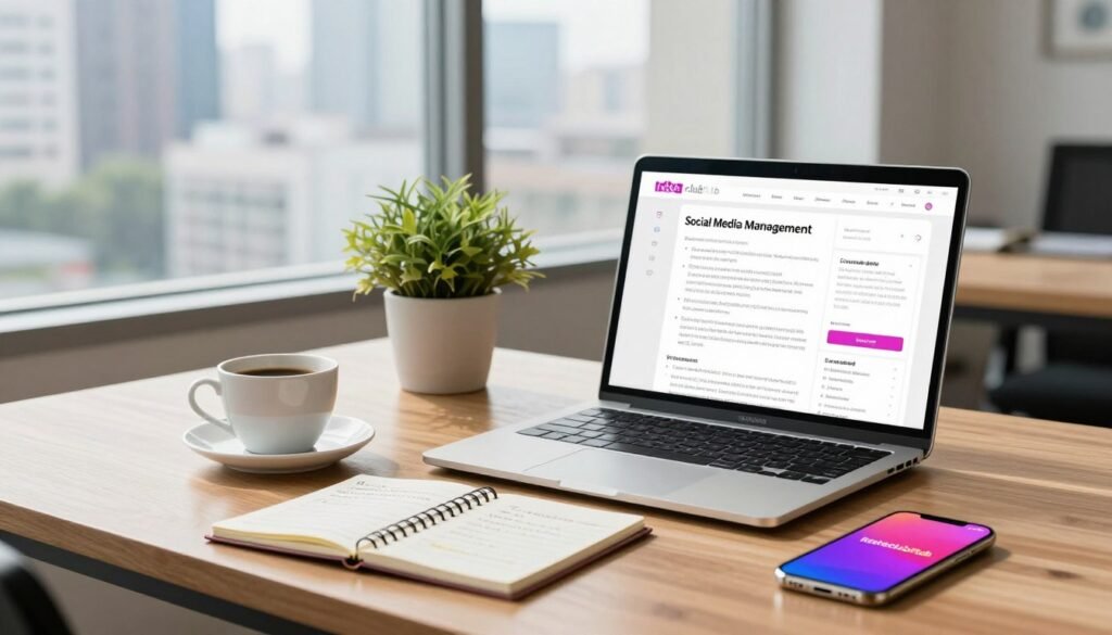 A modern office workspace featuring a sleek wooden desk covered with an open laptop and a notepad filled with notes about a social media management tool. In the foreground, a cup of coffee and a smartphone displaying a vibrant interface of InstaclubHub. The middle area shows a large window with natural light filtering through sheer curtains, illuminating the scene. A potted plant adds a touch of greenery. In the background, a blurred city skyline can be seen through the glass, suggesting urban connectivity. The overall mood is professional yet inviting, hinting at productivity and innovation. The lighting is bright and cheerful, creating an atmosphere of clarity and focus, suitable for a review summary. A modern office workspace featuring a sleek wooden desk covered with an open laptop and a notepad filled with notes about a social media management tool. In the foreground, a cup of coffee and a smartphone displaying a vibrant interface of InstaclubHub. The middle area shows a large window with natural light filtering through sheer curtains, illuminating the scene. A potted plant adds a touch of greenery. In the background, a blurred city skyline can be seen through the glass, suggesting urban connectivity. The overall mood is professional yet inviting, hinting at productivity and innovation. The lighting is bright and cheerful, creating an atmosphere of clarity and focus, suitable for a review summary.