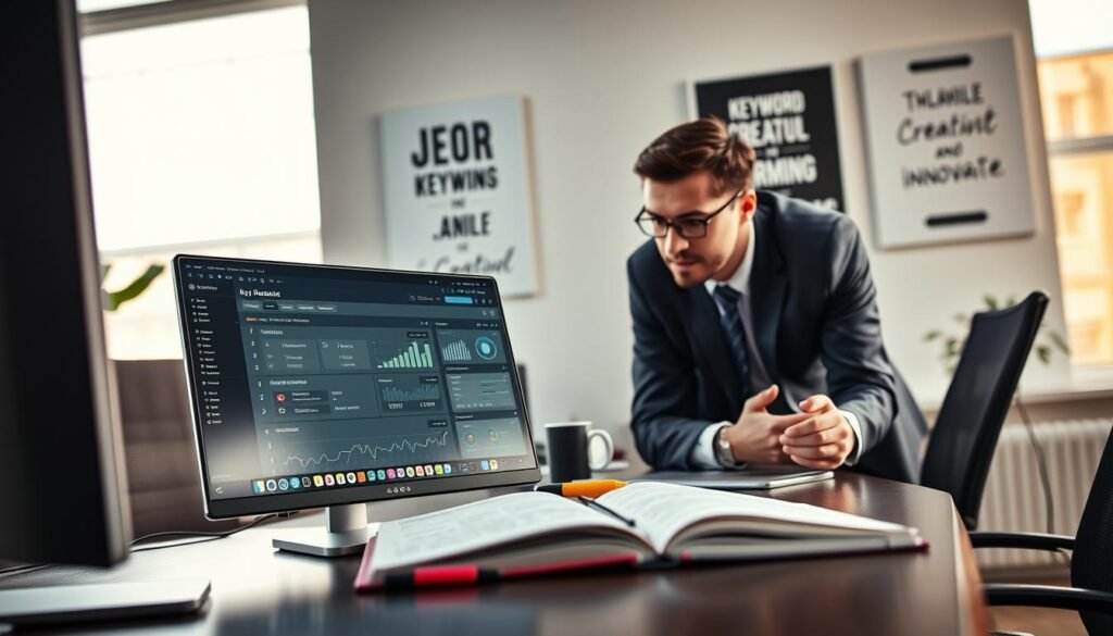 A modern office workspace focused on keyword research and SEO analysis. In the foreground, a sleek desktop computer features a keyword research tool interface displaying relevant data and graphs. On the desk, a notepad filled with handwritten notes and a highlighter. In the middle ground, a professional wearing business attire is leaning over the desk, engaged in analysis, with a thoughtful expression. The background showcases a large window with soft morning light streaming in, illuminating the room and highlighting the motivational posters about creativity and innovation. The atmosphere is focused and energetic, reflecting a professional environment that encourages productivity and strategic thinking. The composition is shot from a slightly elevated angle to capture both the workspace and the individual’s engagement with the task. A modern office workspace focused on keyword research and SEO analysis. In the foreground, a sleek desktop computer features a keyword research tool interface displaying relevant data and graphs. On the desk, a notepad filled with handwritten notes and a highlighter. In the middle ground, a professional wearing business attire is leaning over the desk, engaged in analysis, with a thoughtful expression. The background showcases a large window with soft morning light streaming in, illuminating the room and highlighting the motivational posters about creativity and innovation. The atmosphere is focused and energetic, reflecting a professional environment that encourages productivity and strategic thinking. The composition is shot from a slightly elevated angle to capture both the workspace and the individual’s engagement with the task.