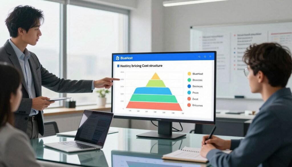 A modern office workspace illustrating a detailed analysis of hosting pricing and cost structure. In the foreground, a large screen displays colorful graphs and charts showing BlueHost's pricing tiers with clear segmentation. To the left, a professional in business attire points to the screen, analyzing data, while a colleague takes notes at a sleek glass table filled with digital devices and reports. The middle ground features a stylish, well-lit meeting room with large windows letting in natural light, creating a bright atmosphere. In the background, a whiteboard filled with bullet points and questions about pricing models adds depth. The lens focuses clearly on the screen, with a soft blur effect on the background, creating a sense of professionalism and teamwork. A modern office workspace illustrating a detailed analysis of hosting pricing and cost structure. In the foreground, a large screen displays colorful graphs and charts showing BlueHost's pricing tiers with clear segmentation. To the left, a professional in business attire points to the screen, analyzing data, while a colleague takes notes at a sleek glass table filled with digital devices and reports. The middle ground features a stylish, well-lit meeting room with large windows letting in natural light, creating a bright atmosphere. In the background, a whiteboard filled with bullet points and questions about pricing models adds depth. The lens focuses clearly on the screen, with a soft blur effect on the background, creating a sense of professionalism and teamwork.