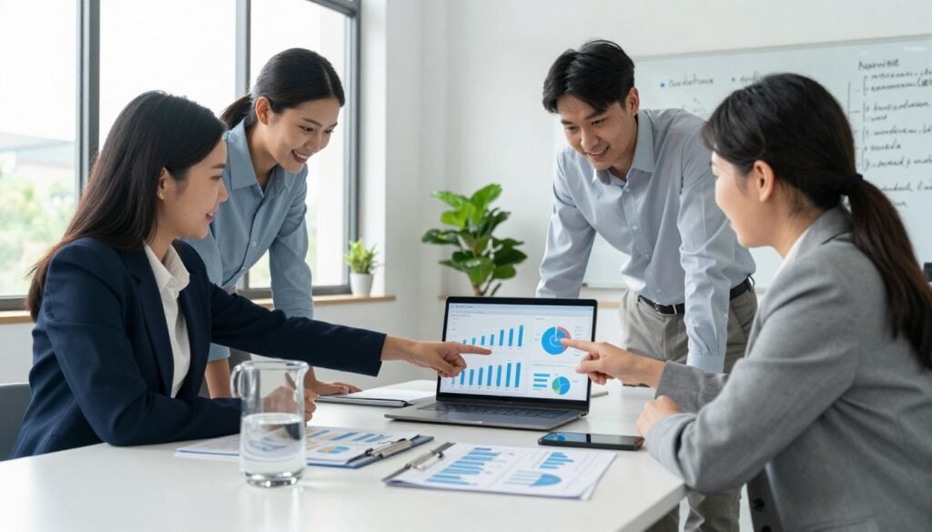 A modern office workspace showcasing key factors for evaluating ecommerce fulfillment solutions. In the foreground, a sleek conference table features a laptop, various analytical reports, and a clear glass water jug. In the middle, a diverse group of three professionals in business attire are engaged in a discussion, pointing at the laptop screen displaying graphs and charts related to logistics and fulfillment metrics. In the background, large windows allow natural light to pour in, illuminating the bright, airy space with a vibrant atmosphere. Subtle details include potted plants and a whiteboard filled with bullet points on fulfillment strategies, emphasizing a collaborative and informed decision-making process. The overall mood is optimistic and focused, encouraging thoughtful evaluation of logistics options. A modern office workspace showcasing key factors for evaluating ecommerce fulfillment solutions. In the foreground, a sleek conference table features a laptop, various analytical reports, and a clear glass water jug. In the middle, a diverse group of three professionals in business attire are engaged in a discussion, pointing at the laptop screen displaying graphs and charts related to logistics and fulfillment metrics. In the background, large windows allow natural light to pour in, illuminating the bright, airy space with a vibrant atmosphere. Subtle details include potted plants and a whiteboard filled with bullet points on fulfillment strategies, emphasizing a collaborative and informed decision-making process. The overall mood is optimistic and focused, encouraging thoughtful evaluation of logistics options.
