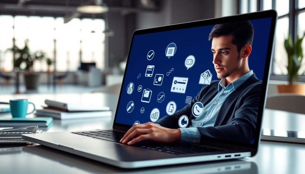 A modern online learning platform interface displayed on a sleek laptop, surrounded by an organized workspace featuring notebooks and tech gadgets. In the foreground, a professional individual in smart casual attire is engaged in a lesson, focused on the screen. In the middle, various icons representing different online courses—like coding, digital marketing, and graphic design—are dynamically illustrated floating around the screen. The background shows a well-lit, contemporary office environment with large windows letting in natural light, creating an atmosphere of productivity and innovation. The color palette is calm and inspiring, with soft blues and greens to convey a sense of clarity and learning potential. The angle is slightly tilted, emphasizing both the laptop and the engaged learner to evoke a sense of involvement and interaction with digital education. A modern online learning platform interface displayed on a sleek laptop, surrounded by an organized workspace featuring notebooks and tech gadgets. In the foreground, a professional individual in smart casual attire is engaged in a lesson, focused on the screen. In the middle, various icons representing different online courses—like coding, digital marketing, and graphic design—are dynamically illustrated floating around the screen. The background shows a well-lit, contemporary office environment with large windows letting in natural light, creating an atmosphere of productivity and innovation. The color palette is calm and inspiring, with soft blues and greens to convey a sense of clarity and learning potential. The angle is slightly tilted, emphasizing both the laptop and the engaged learner to evoke a sense of involvement and interaction with digital education.