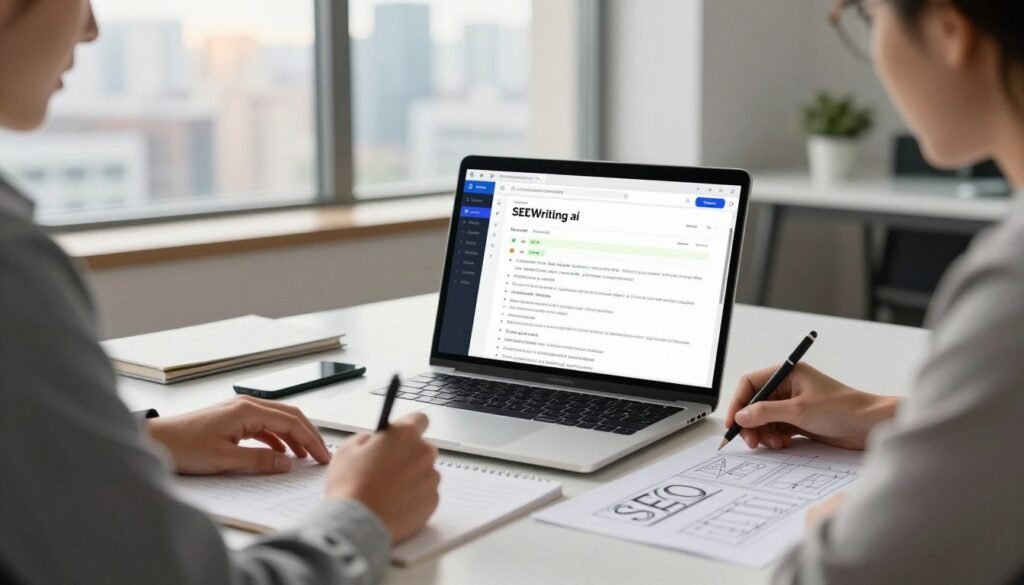 A modern, professional workspace featuring a focused individual using SEOWriting.ai on a sleek laptop. In the foreground, the person, dressed in professional business attire, is engaged in thoughtful writing, surrounded by notes and SEO strategy outlines on the desk. The middle layer shows the laptop screen displaying the SEOWriting.ai interface, with highlighted features like keyword analysis and content suggestions visible. In the background, a large window reveals a bright, inspiring cityscape, casting natural light into the space. The mood is productive and innovative, with soft, warm lighting that enhances the atmosphere of creativity and concentration. Ensure clarity in details without any distractions or additional text elements in the image. A modern, professional workspace featuring a focused individual using SEOWriting.ai on a sleek laptop. In the foreground, the person, dressed in professional business attire, is engaged in thoughtful writing, surrounded by notes and SEO strategy outlines on the desk. The middle layer shows the laptop screen displaying the SEOWriting.ai interface, with highlighted features like keyword analysis and content suggestions visible. In the background, a large window reveals a bright, inspiring cityscape, casting natural light into the space. The mood is productive and innovative, with soft, warm lighting that enhances the atmosphere of creativity and concentration. Ensure clarity in details without any distractions or additional text elements in the image.