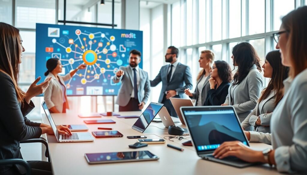 A modern, professional workspace illustrating the concept of integrations and connections with various work tools. In the foreground, a diverse group of professionals in business attire are engaged in discussion, pointing at a large digital screen filled with vibrant connection diagrams and charts. In the middle, a sleek table with laptops, tablets, and digital gadgets representing different software tools. The background features a bright, open office space with large windows allowing natural light to pour in, enhancing the bright and collaborative atmosphere. The lighting is warm and inviting, creating a sense of innovation and teamwork. The perspective is slightly angled to give depth to the scene, focusing on the interaction between the people and the technology that symbolizes seamless integrations. A modern, professional workspace illustrating the concept of integrations and connections with various work tools. In the foreground, a diverse group of professionals in business attire are engaged in discussion, pointing at a large digital screen filled with vibrant connection diagrams and charts. In the middle, a sleek table with laptops, tablets, and digital gadgets representing different software tools. The background features a bright, open office space with large windows allowing natural light to pour in, enhancing the bright and collaborative atmosphere. The lighting is warm and inviting, creating a sense of innovation and teamwork. The perspective is slightly angled to give depth to the scene, focusing on the interaction between the people and the technology that symbolizes seamless integrations.