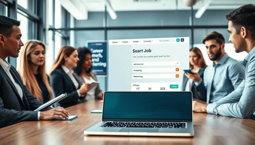 A modern, professional workspace showcasing a desk with a sleek laptop open to a job search platform interface. In the foreground, a diverse group of individuals in professional business attire is gathered around the desk, discussing and sharing ideas. One person is taking notes on a notepad, while another is using a smartphone to check notifications. The middle area features motivational posters about career growth and networking. The background reveals a bright office environment with large windows allowing natural light to flood in, creating an inviting atmosphere. The overall mood is collaborative and inspiring, emphasizing preparation and professionalism, with soft lighting and a slightly blurred background to focus on the activities at the desk. A modern, professional workspace showcasing a desk with a sleek laptop open to a job search platform interface. In the foreground, a diverse group of individuals in professional business attire is gathered around the desk, discussing and sharing ideas. One person is taking notes on a notepad, while another is using a smartphone to check notifications. The middle area features motivational posters about career growth and networking. The background reveals a bright office environment with large windows allowing natural light to flood in, creating an inviting atmosphere. The overall mood is collaborative and inspiring, emphasizing preparation and professionalism, with soft lighting and a slightly blurred background to focus on the activities at the desk.