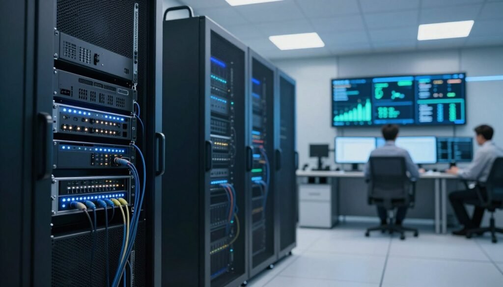 A modern server room showcasing high-tech servers and networking equipment, emphasizing uptime guarantee and server reliability. In the foreground, a sleek server rack with blinking LEDs and connected cables, radiating a sense of performance. The middle ground features a network of servers and a digital dashboard displaying uptime statistics, glowing softly in blues and greens to create a sense of trust and security. The background shows a clean, organized workspace with professionals in business attire monitoring screens, exuding focus and efficiency. Soft, ambient lighting creates a calm and confident atmosphere, with a slightly blurred focus on distant equipment to highlight the critical importance of uptime. The camera angle is slightly low, creating a sense of grandeur and technological superiority. A modern server room showcasing high-tech servers and networking equipment, emphasizing uptime guarantee and server reliability. In the foreground, a sleek server rack with blinking LEDs and connected cables, radiating a sense of performance. The middle ground features a network of servers and a digital dashboard displaying uptime statistics, glowing softly in blues and greens to create a sense of trust and security. The background shows a clean, organized workspace with professionals in business attire monitoring screens, exuding focus and efficiency. Soft, ambient lighting creates a calm and confident atmosphere, with a slightly blurred focus on distant equipment to highlight the critical importance of uptime. The camera angle is slightly low, creating a sense of grandeur and technological superiority.