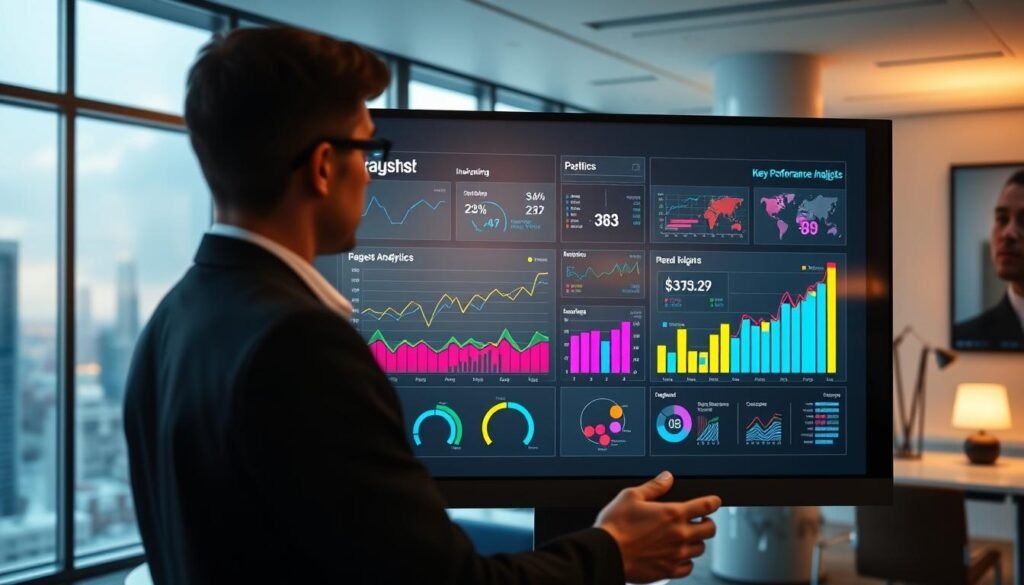 A modern, sleek digital dashboard displaying insightful analytics on a high-resolution screen. In the foreground, vibrant graphs and charts illustrating key performance indicators, with dynamic metrics highlighted in bright colors. The middle ground features a professional analyzing the data, dressed in smart business attire, their expression focused and engaged. The background consists of a contemporary office environment with soft ambient lighting, a large window showing a cityscape, and minimalist decor that conveys innovation. The overall mood is one of productivity and clarity, accentuated by a slight glow emanating from the dashboard, inviting viewers to explore the data-driven insights presented. A modern, sleek digital dashboard displaying insightful analytics on a high-resolution screen. In the foreground, vibrant graphs and charts illustrating key performance indicators, with dynamic metrics highlighted in bright colors. The middle ground features a professional analyzing the data, dressed in smart business attire, their expression focused and engaged. The background consists of a contemporary office environment with soft ambient lighting, a large window showing a cityscape, and minimalist decor that conveys innovation. The overall mood is one of productivity and clarity, accentuated by a slight glow emanating from the dashboard, inviting viewers to explore the data-driven insights presented.