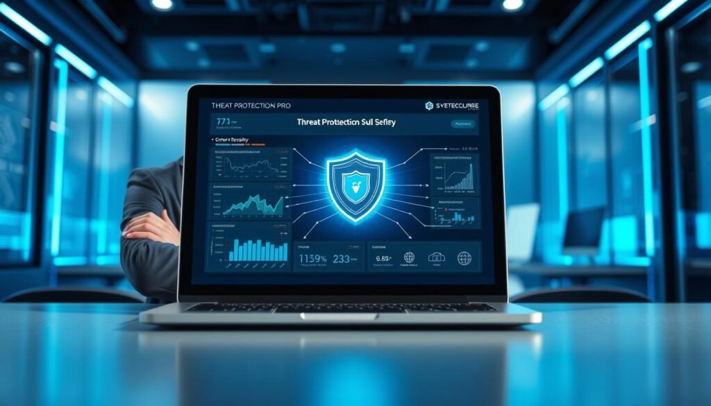 A modern, sleek digital workspace featuring a laptop displaying a sophisticated cybersecurity interface labeled "Threat Protection Pro." In the foreground, a confident professional in business attire is engaged, analyzing cybersecurity metrics on the screen. The middle layer highlights a digital shield graphic, symbolizing protection against threats, with glowing lines representing data flow and security accuracy. The background showcases a high-tech, futuristic office with blue lighting that creates a secure, focused atmosphere, hinting at advanced technology and innovation. The overall mood is empowering and reassuring, emphasizing safety and reliability in cybersecurity solutions. Avoid clutter to maintain a clear visual focus on the cyber protection theme. A modern, sleek digital workspace featuring a laptop displaying a sophisticated cybersecurity interface labeled "Threat Protection Pro." In the foreground, a confident professional in business attire is engaged, analyzing cybersecurity metrics on the screen. The middle layer highlights a digital shield graphic, symbolizing protection against threats, with glowing lines representing data flow and security accuracy. The background showcases a high-tech, futuristic office with blue lighting that creates a secure, focused atmosphere, hinting at advanced technology and innovation. The overall mood is empowering and reassuring, emphasizing safety and reliability in cybersecurity solutions. Avoid clutter to maintain a clear visual focus on the cyber protection theme.