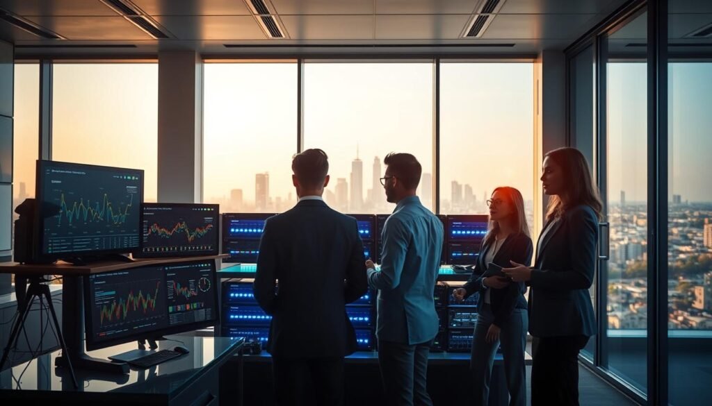 A modern, sleek office environment illustrating a hosting provider's operations. In the foreground, a diverse team of three professionals in smart business attire is engaged in a discussion around a high-tech workstation displaying vibrant data analytics on multiple screens. In the middle, there are servers and network equipment lined up on a glass shelf, glowing softly with blue LEDs, emphasizing high performance and reliability. In the background, large windows reveal a city skyline, bathed in warm afternoon sunlight. The atmosphere is dynamic and professional, conveying innovation and collaboration at the forefront of technology. Soft shadows fall across the room, highlighting the modern design features, creating an inspiring mood for a cloud hosting service narrative. A modern, sleek office environment illustrating a hosting provider's operations. In the foreground, a diverse team of three professionals in smart business attire is engaged in a discussion around a high-tech workstation displaying vibrant data analytics on multiple screens. In the middle, there are servers and network equipment lined up on a glass shelf, glowing softly with blue LEDs, emphasizing high performance and reliability. In the background, large windows reveal a city skyline, bathed in warm afternoon sunlight. The atmosphere is dynamic and professional, conveying innovation and collaboration at the forefront of technology. Soft shadows fall across the room, highlighting the modern design features, creating an inspiring mood for a cloud hosting service narrative.