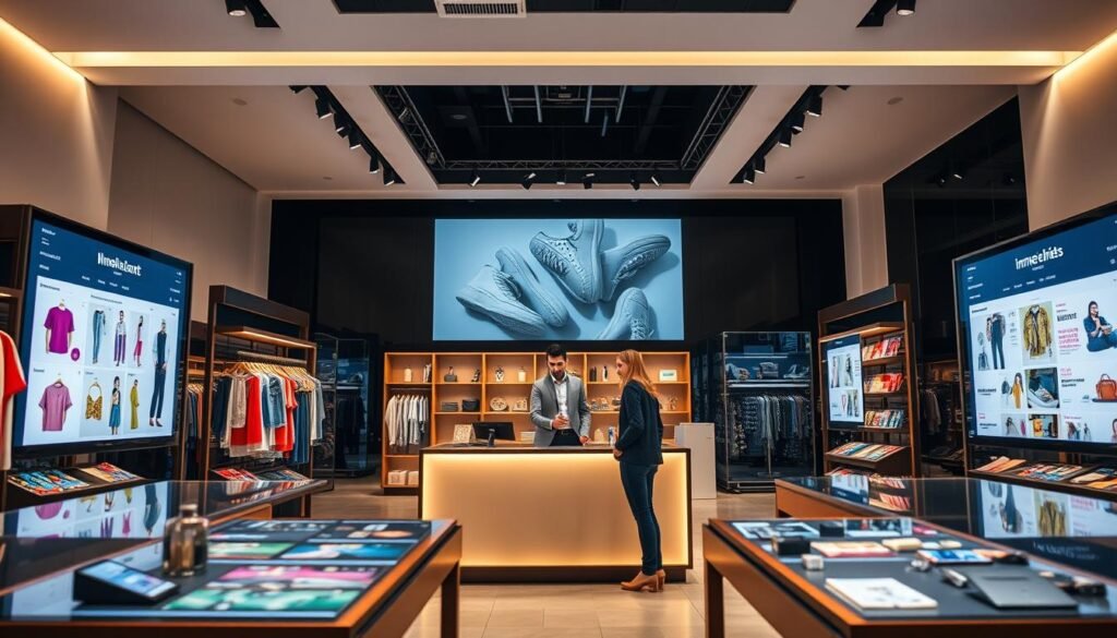 A modern, sleek online store interior designed for an e-commerce platform, focusing on Shopify templates. In the foreground, there are organized digital displays showcasing various products like clothing, electronics, and home goods, with vibrant colors and appealing designs. The middle ground features a stylish checkout area with a friendly sales associate in professional attire assisting a customer. The background includes large screens displaying interactive templates, highlighting customization options for online stores. Soft, warm lighting enhances the inviting atmosphere, and the angle captures the entire setting from a slightly elevated perspective, conveying a sense of modern retail innovation and user-friendly design. The overall mood is professional yet approachable, emphasizing the ease of creating a customized online store. A modern, sleek online store interior designed for an e-commerce platform, focusing on Shopify templates. In the foreground, there are organized digital displays showcasing various products like clothing, electronics, and home goods, with vibrant colors and appealing designs. The middle ground features a stylish checkout area with a friendly sales associate in professional attire assisting a customer. The background includes large screens displaying interactive templates, highlighting customization options for online stores. Soft, warm lighting enhances the inviting atmosphere, and the angle captures the entire setting from a slightly elevated perspective, conveying a sense of modern retail innovation and user-friendly design. The overall mood is professional yet approachable, emphasizing the ease of creating a customized online store.