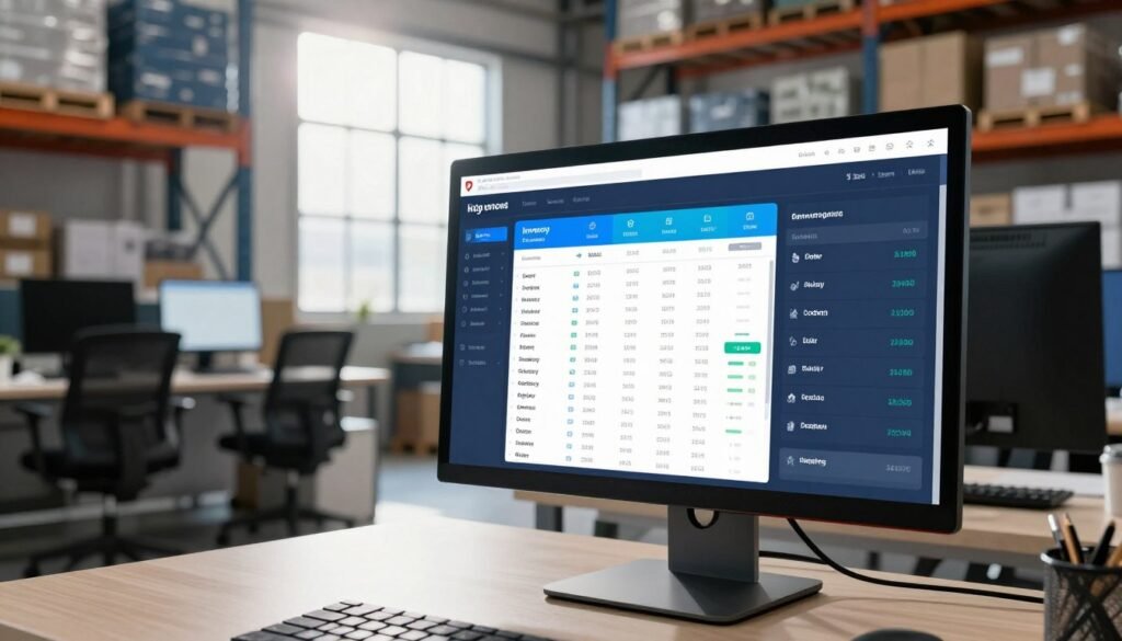 A modern, sleek warehouse management system dashboard displayed on a high-resolution monitor. In the foreground, the screen shows vibrant graphics with various statistics related to inventory levels, order tracking, and shipping status. The middle layer features a contemporary office environment with a clean desk and a few ergonomic chairs, suggesting a productive workspace where logistics and technology converge. In the background, large windows allow natural light to flood the room, highlighting the efficiency of a bustling warehouse. The atmosphere is focused and professional, conveying advanced technology and seamless logistics management. The scene is well-lit, with a slight lens flare to enhance a dynamic feel, portraying a cutting-edge eCommerce fulfillment platform. A modern, sleek warehouse management system dashboard displayed on a high-resolution monitor. In the foreground, the screen shows vibrant graphics with various statistics related to inventory levels, order tracking, and shipping status. The middle layer features a contemporary office environment with a clean desk and a few ergonomic chairs, suggesting a productive workspace where logistics and technology converge. In the background, large windows allow natural light to flood the room, highlighting the efficiency of a bustling warehouse. The atmosphere is focused and professional, conveying advanced technology and seamless logistics management. The scene is well-lit, with a slight lens flare to enhance a dynamic feel, portraying a cutting-edge eCommerce fulfillment platform.