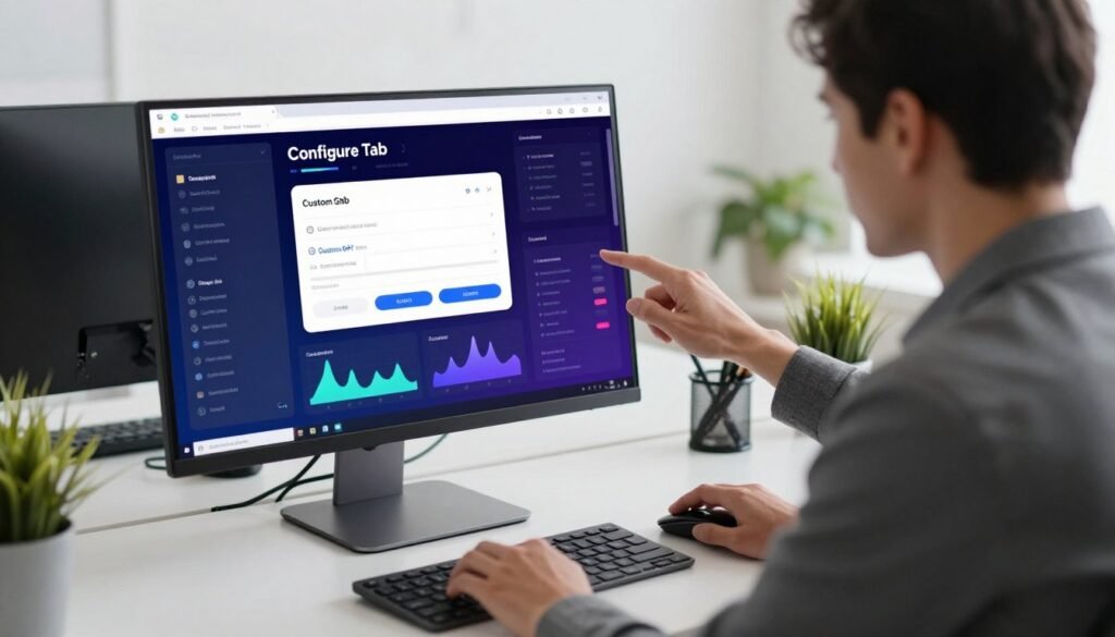 A modern, sleek workspace featuring a computer screen displaying a vibrant interface of "Configure Tab" for a Custom GPT application. In the foreground, a focused professional wearing smart business attire is interacting with the screen, illustrating a sense of engagement and concentration. The middle layer showcases the computer setup, with dynamic graphs and customized settings visible on the monitor, accented by a stylish keyboard and mouse. The background includes soft white walls and a few potted plants, creating a calm and productive atmosphere. Soft, natural lighting floods the room, emphasizing the high-tech environment while maintaining a warm and inviting mood. The angle of the shot is slightly above eye level, enhancing the perspective of the professional immersed in configuring AI solutions for optimal performance. A modern, sleek workspace featuring a computer screen displaying a vibrant interface of "Configure Tab" for a Custom GPT application. In the foreground, a focused professional wearing smart business attire is interacting with the screen, illustrating a sense of engagement and concentration. The middle layer showcases the computer setup, with dynamic graphs and customized settings visible on the monitor, accented by a stylish keyboard and mouse. The background includes soft white walls and a few potted plants, creating a calm and productive atmosphere. Soft, natural lighting floods the room, emphasizing the high-tech environment while maintaining a warm and inviting mood. The angle of the shot is slightly above eye level, enhancing the perspective of the professional immersed in configuring AI solutions for optimal performance.