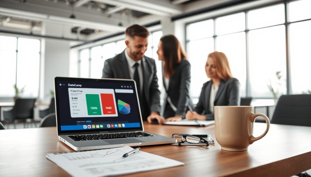 A modern, sleek workspace focusing on subscription pricing and plans for an online learning platform. In the foreground, a well-organized desk features a laptop displaying DataCamp's interface, along with colorful graphs and charts representing pricing tiers. A notepad with sketches of pricing models lies beside a stylish coffee cup. In the middle, a pair of professionals, one male and one female, dressed in smart business attire, are engaged in a discussion, analyzing the information on the laptop screen. The background shows a bright, airy office with large windows, soft natural light illuminating the scene, creating an inspiring and productive atmosphere. The overall mood is collaborative and informative, emphasizing business and technology. A modern, sleek workspace focusing on subscription pricing and plans for an online learning platform. In the foreground, a well-organized desk features a laptop displaying DataCamp's interface, along with colorful graphs and charts representing pricing tiers. A notepad with sketches of pricing models lies beside a stylish coffee cup. In the middle, a pair of professionals, one male and one female, dressed in smart business attire, are engaged in a discussion, analyzing the information on the laptop screen. The background shows a bright, airy office with large windows, soft natural light illuminating the scene, creating an inspiring and productive atmosphere. The overall mood is collaborative and informative, emphasizing business and technology.