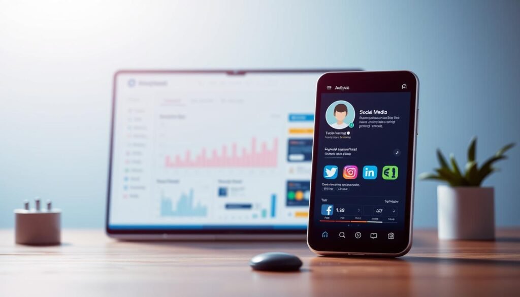 A modern social media account profile interface displayed prominently in the foreground, featuring vibrant icons of popular platforms like Facebook, Twitter, Instagram, and LinkedIn. The middle ground showcases a simplified analytics dashboard, displaying graphs and metrics that highlight engagement stats and audience demographics. The background is a subtle gradient in shades of blue and white, giving a tech-savvy feel. Soft, ambient lighting illuminates the scene, creating a professional atmosphere. Use a slight wide-angle lens effect to provide depth, making the elements appear interconnected yet distinct. The mood is optimistic and streamlined, emphasizing the importance of connectivity and analysis in social media management. No people are present, ensuring a clean and focused composition. A modern social media account profile interface displayed prominently in the foreground, featuring vibrant icons of popular platforms like Facebook, Twitter, Instagram, and LinkedIn. The middle ground showcases a simplified analytics dashboard, displaying graphs and metrics that highlight engagement stats and audience demographics. The background is a subtle gradient in shades of blue and white, giving a tech-savvy feel. Soft, ambient lighting illuminates the scene, creating a professional atmosphere. Use a slight wide-angle lens effect to provide depth, making the elements appear interconnected yet distinct. The mood is optimistic and streamlined, emphasizing the importance of connectivity and analysis in social media management. No people are present, ensuring a clean and focused composition.