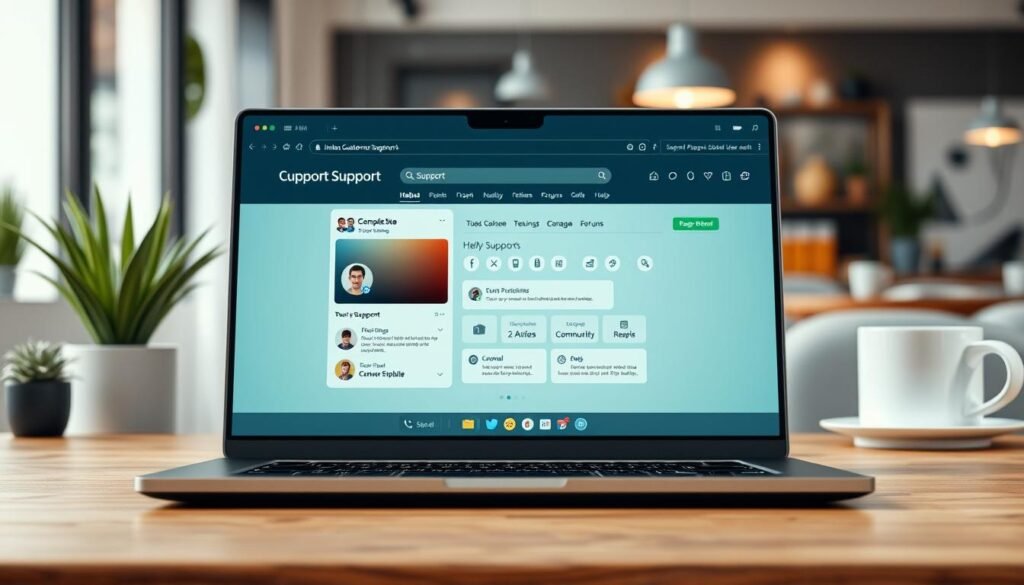 A modern support website interface displayed on a sleek laptop, positioned on a wooden desk. In the foreground, focus on an interactive customer support chat window open on the laptop screen, showcasing friendly avatar icons and helpful responses. The middle area features a subtle collection of support tools like FAQs, video tutorials, and community forums laid out attractively on the website. In the background, a well-organized workspace with soft lighting creates a welcoming atmosphere, featuring potted plants and a coffee mug, while a blurred view of a comfortable office setting emphasizes professionalism. The overall mood is reassuring and user-friendly, conveying a sense of trust and support for users seeking assistance. A modern support website interface displayed on a sleek laptop, positioned on a wooden desk. In the foreground, focus on an interactive customer support chat window open on the laptop screen, showcasing friendly avatar icons and helpful responses. The middle area features a subtle collection of support tools like FAQs, video tutorials, and community forums laid out attractively on the website. In the background, a well-organized workspace with soft lighting creates a welcoming atmosphere, featuring potted plants and a coffee mug, while a blurred view of a comfortable office setting emphasizes professionalism. The overall mood is reassuring and user-friendly, conveying a sense of trust and support for users seeking assistance.