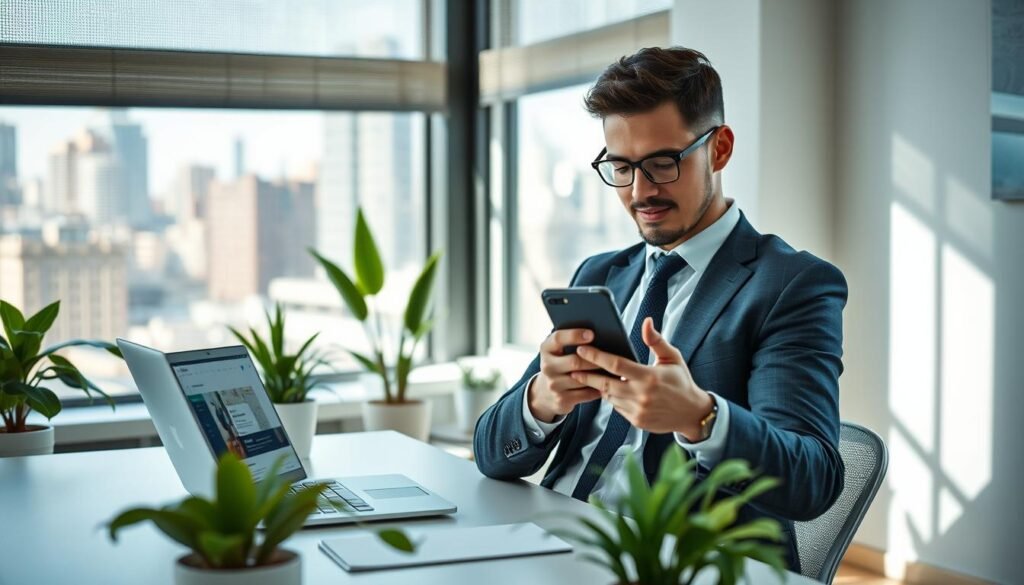 A modern, tech-savvy individual applying for jobs effortlessly using a sleek smartphone and laptop in a bright, minimalist workspace. In the foreground, a professional in business attire, looking focused and confident, is interacting with the ZipRecruiter app on their smartphone. The middle ground features a clean desk with a laptop open to a job listing, surrounded by houseplants for a fresh atmosphere. In the background, a window allows natural light to filter in, casting soft shadows, and showcasing a bustling cityscape. The mood is energetic and optimistic, reflecting efficiency and the ease of finding jobs in today's digital world. The composition should highlight the seamless blend of technology and professionalism without any text or distractions. A modern, tech-savvy individual applying for jobs effortlessly using a sleek smartphone and laptop in a bright, minimalist workspace. In the foreground, a professional in business attire, looking focused and confident, is interacting with the ZipRecruiter app on their smartphone. The middle ground features a clean desk with a laptop open to a job listing, surrounded by houseplants for a fresh atmosphere. In the background, a window allows natural light to filter in, casting soft shadows, and showcasing a bustling cityscape. The mood is energetic and optimistic, reflecting efficiency and the ease of finding jobs in today's digital world. The composition should highlight the seamless blend of technology and professionalism without any text or distractions.