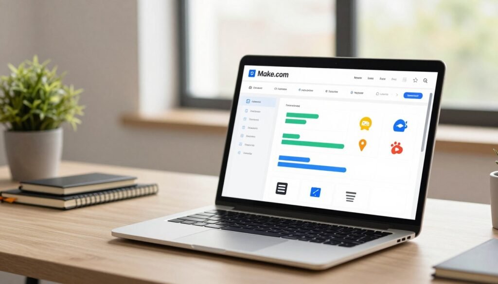 A modern user dashboard interface of Make.com displayed on a sleek laptop screen. The foreground features the laptop angled slightly to reveal a colorful, user-friendly dashboard with various tiles showcasing workflow automation options, charts reflecting productivity metrics, and fun icons representing different apps. In the middle, a well-lit office environment with a minimalist desk setup, adorned with a potted plant and notebooks, enhances a sense of organization and efficiency. In the background, a soft-focus window reveals a bright day outside, with a hint of greenery to suggest an uplifting atmosphere. The overall lighting is warm and inviting, creating a professional yet approachable mood, emphasizing the ease of getting started with automation. A modern user dashboard interface of Make.com displayed on a sleek laptop screen. The foreground features the laptop angled slightly to reveal a colorful, user-friendly dashboard with various tiles showcasing workflow automation options, charts reflecting productivity metrics, and fun icons representing different apps. In the middle, a well-lit office environment with a minimalist desk setup, adorned with a potted plant and notebooks, enhances a sense of organization and efficiency. In the background, a soft-focus window reveals a bright day outside, with a hint of greenery to suggest an uplifting atmosphere. The overall lighting is warm and inviting, creating a professional yet approachable mood, emphasizing the ease of getting started with automation.