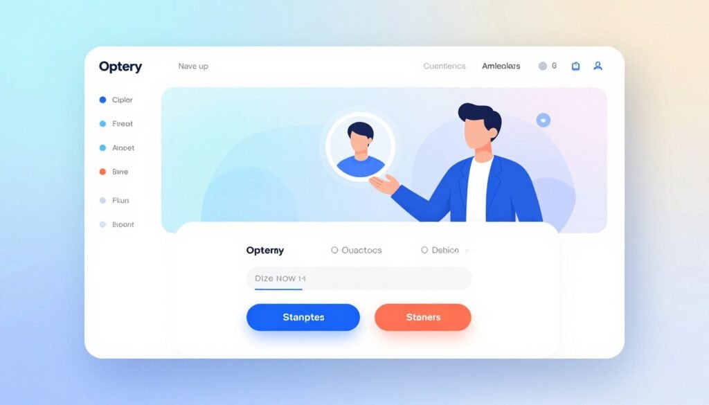 A modern user experience dashboard for signing up, featuring a sleek interface with vibrant colors. In the foreground, display interactive elements like buttons, input fields, and progress indicators, designed for user-friendly navigation. In the middle, showcase a stylized, semi-transparent user profile section with an illustration of a professional user, dressed in smart casual attire, engaging with the dashboard. The background should be a soft gradient, enhancing the central focus without distractions. Bright, even lighting gives a clean and approachable feel, while a slight depth of field blurs distant elements gently. The overall mood should be inviting and efficient, reflecting the seamless onboarding experience with Optery. A modern user experience dashboard for signing up, featuring a sleek interface with vibrant colors. In the foreground, display interactive elements like buttons, input fields, and progress indicators, designed for user-friendly navigation. In the middle, showcase a stylized, semi-transparent user profile section with an illustration of a professional user, dressed in smart casual attire, engaging with the dashboard. The background should be a soft gradient, enhancing the central focus without distractions. Bright, even lighting gives a clean and approachable feel, while a slight depth of field blurs distant elements gently. The overall mood should be inviting and efficient, reflecting the seamless onboarding experience with Optery.