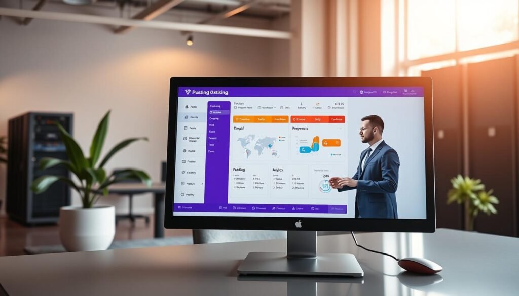 A modern, user-friendly web hosting control panel displayed on a computer screen, showcasing a clean, intuitive interface with vibrant colors. The foreground features a close-up of the monitor, where a user in professional business attire easily navigates through the dashboard, highlighting features like domain management and performance analytics. In the middle ground, a stylish office environment with a sleek desk, a potted plant, and soft natural light filtering through a window creates a welcoming atmosphere. The background includes subtle hints of technology, such as server racks and cables, suggesting robust performance capabilities. The scene conveys a sense of ease and efficiency, emphasizing the seamless experience of setup and management in web hosting. A modern, user-friendly web hosting control panel displayed on a computer screen, showcasing a clean, intuitive interface with vibrant colors. The foreground features a close-up of the monitor, where a user in professional business attire easily navigates through the dashboard, highlighting features like domain management and performance analytics. In the middle ground, a stylish office environment with a sleek desk, a potted plant, and soft natural light filtering through a window creates a welcoming atmosphere. The background includes subtle hints of technology, such as server racks and cables, suggesting robust performance capabilities. The scene conveys a sense of ease and efficiency, emphasizing the seamless experience of setup and management in web hosting.