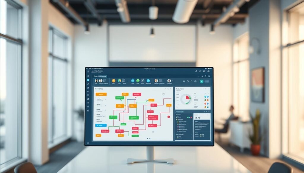 A modern visual flow builder interface displayed prominently in the foreground, featuring an intuitive drag-and-drop design. The central workspace should be filled with colorful, interconnected nodes and pathways, representing workflows in a user-friendly layout. In the middle ground, a well-organized dashboard with icons, charts, and user profiles should appear, showcasing a professional yet approachable design. The background features a sleek, minimalistic office environment with soft lighting, suggesting a productive atmosphere. The scene should evoke a sense of ease and accessibility, suitable for non-technical users. Use a shallow depth of field to focus on the flow builder, with light reflections subtly enhancing the interface's appeal. The color palette should be bright and inviting, creating a positive mood. A modern visual flow builder interface displayed prominently in the foreground, featuring an intuitive drag-and-drop design. The central workspace should be filled with colorful, interconnected nodes and pathways, representing workflows in a user-friendly layout. In the middle ground, a well-organized dashboard with icons, charts, and user profiles should appear, showcasing a professional yet approachable design. The background features a sleek, minimalistic office environment with soft lighting, suggesting a productive atmosphere. The scene should evoke a sense of ease and accessibility, suitable for non-technical users. Use a shallow depth of field to focus on the flow builder, with light reflections subtly enhancing the interface's appeal. The color palette should be bright and inviting, creating a positive mood.