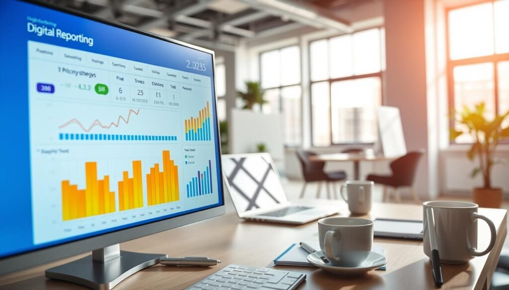 A modern, visually engaging dashboard showcasing digital reporting metrics. In the foreground, a sleek computer screen displays colorful graphs, charts, and figures related to pricing strategies and value comparisons in 2025. The middle layer features a comfortable, professional workspace with a laptop, a notepad, and a coffee mug, hinting at a business environment. The background includes a bright office scene with large windows allowing natural light to flood the space, casting soft shadows. The mood is analytical yet optimistic, emphasizing efficiency and integration in digital solutions. Capture a clear view from a slightly elevated angle, ensuring the focus remains on the dynamic dashboard elements while promoting a sense of professionalism. A modern, visually engaging dashboard showcasing digital reporting metrics. In the foreground, a sleek computer screen displays colorful graphs, charts, and figures related to pricing strategies and value comparisons in 2025. The middle layer features a comfortable, professional workspace with a laptop, a notepad, and a coffee mug, hinting at a business environment. The background includes a bright office scene with large windows allowing natural light to flood the space, casting soft shadows. The mood is analytical yet optimistic, emphasizing efficiency and integration in digital solutions. Capture a clear view from a slightly elevated angle, ensuring the focus remains on the dynamic dashboard elements while promoting a sense of professionalism.