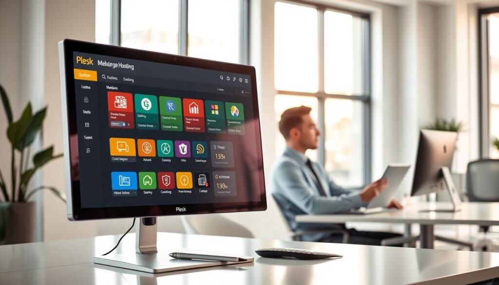 A modern web hosting control panel interface showcasing key features of Plesk. In the foreground, display a sleek computer monitor with an organized dashboard featuring vibrant icons representing various functionalities like site management, security, and performance analytics. The middle ground includes a business professional in smart casual attire, engaged in thoughtful work on the computer. The background features a bright, minimalist office space with large windows letting in natural light, creating an inviting atmosphere. Soft shadows and highlights enhance the scene, conveying a sense of productivity and innovation. The angle is a dynamic side view that captures both the screen and the engaged user, illustrating the user-friendly nature of the Plesk platform. A modern web hosting control panel interface showcasing key features of Plesk. In the foreground, display a sleek computer monitor with an organized dashboard featuring vibrant icons representing various functionalities like site management, security, and performance analytics. The middle ground includes a business professional in smart casual attire, engaged in thoughtful work on the computer. The background features a bright, minimalist office space with large windows letting in natural light, creating an inviting atmosphere. Soft shadows and highlights enhance the scene, conveying a sense of productivity and innovation. The angle is a dynamic side view that captures both the screen and the engaged user, illustrating the user-friendly nature of the Plesk platform.