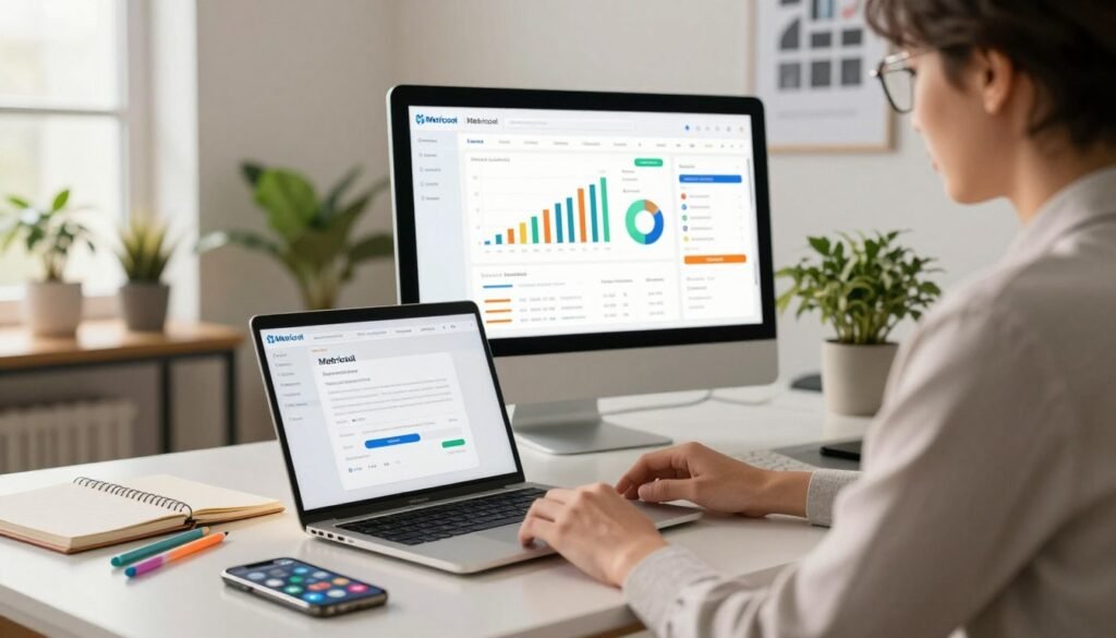 A modern workspace depicting a person, dressed in professional business attire, focused on setting up a Metricool account on a laptop. In the foreground, the person sits at a sleek desk surrounded by a notepad, colorful pens, and a smartphone displaying social media icons. In the middle ground, a large monitor shows the Metricool interface with vibrant graphs and analytics. The background features a stylish office with potted plants and motivational posters on the walls, bathed in warm, natural light coming through a window. The scene conveys a sense of productivity and modernity, with a bright and inviting atmosphere, emphasizing the ease of getting started with social media management. A modern workspace depicting a person, dressed in professional business attire, focused on setting up a Metricool account on a laptop. In the foreground, the person sits at a sleek desk surrounded by a notepad, colorful pens, and a smartphone displaying social media icons. In the middle ground, a large monitor shows the Metricool interface with vibrant graphs and analytics. The background features a stylish office with potted plants and motivational posters on the walls, bathed in warm, natural light coming through a window. The scene conveys a sense of productivity and modernity, with a bright and inviting atmosphere, emphasizing the ease of getting started with social media management.