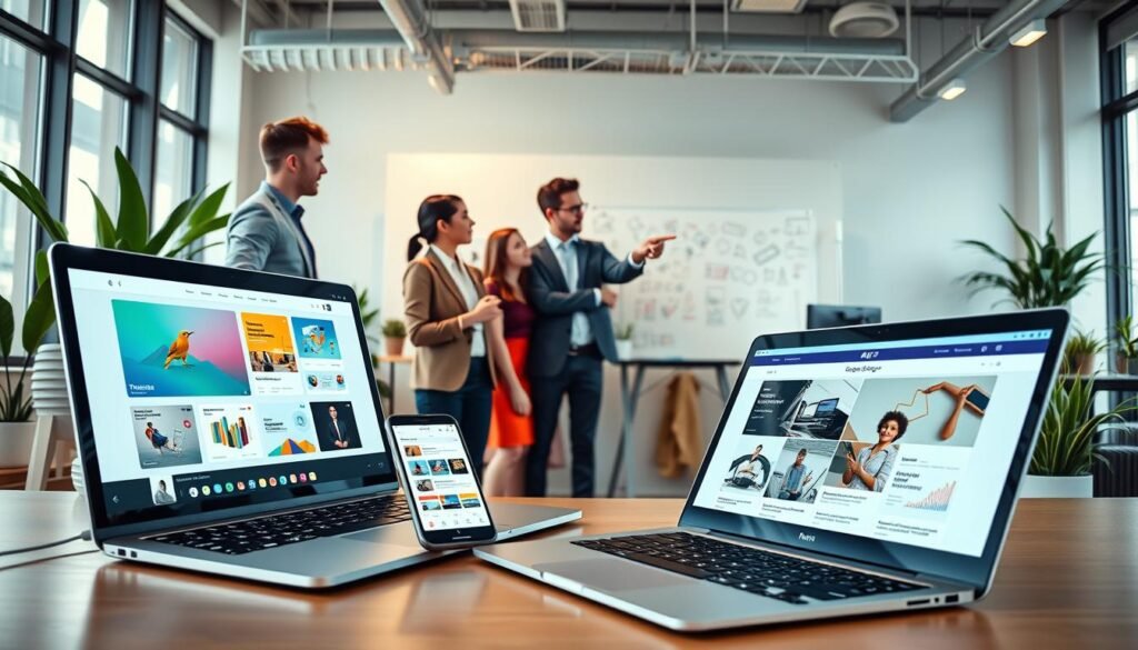 A modern workspace depicting the core features of an AI-driven website builder. In the foreground, a sleek laptop shows an intuitive user interface with drag-and-drop functionality, vibrant colors, and live previews of various website templates. Beside it, a smartphone displays analytics and user engagement metrics. In the middle ground, a diverse group of professionals in smart casual attire collaborates on a project, pointing to a whiteboard filled with ideas and sketches. The background features a bright, airy office space with large windows letting in natural light, plants, and modern decor. The mood is energetic and innovative, capturing the essence of creativity and technology in web development. Shot with a wide-angle lens to emphasize teamwork and a collaborative environment. A modern workspace depicting the core features of an AI-driven website builder. In the foreground, a sleek laptop shows an intuitive user interface with drag-and-drop functionality, vibrant colors, and live previews of various website templates. Beside it, a smartphone displays analytics and user engagement metrics. In the middle ground, a diverse group of professionals in smart casual attire collaborates on a project, pointing to a whiteboard filled with ideas and sketches. The background features a bright, airy office space with large windows letting in natural light, plants, and modern decor. The mood is energetic and innovative, capturing the essence of creativity and technology in web development. Shot with a wide-angle lens to emphasize teamwork and a collaborative environment.