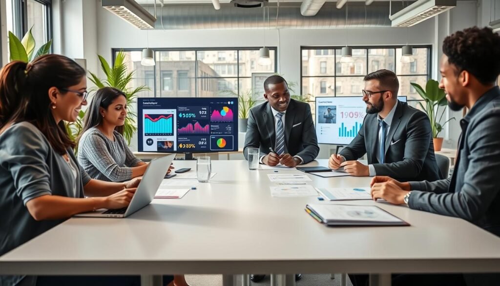A modern workspace featuring a diverse group of professionals engaged in content management and social media strategizing around a large table. In the foreground, a woman of South Asian descent in smart casual clothing is analyzing data on a laptop, while a man of African descent in a business suit discusses ideas with a colleague. The middle ground shows digital screens displaying vibrant social media graphs and scheduling timelines. In the background, a bright and airy office environment with green plants and motivational posters creates an inspiring atmosphere. Natural light pours in through large windows, adding warmth to the scene. The mood is energetic and collaborative, encapsulating the essence of effective content management and publication strategies. A modern workspace featuring a diverse group of professionals engaged in content management and social media strategizing around a large table. In the foreground, a woman of South Asian descent in smart casual clothing is analyzing data on a laptop, while a man of African descent in a business suit discusses ideas with a colleague. The middle ground shows digital screens displaying vibrant social media graphs and scheduling timelines. In the background, a bright and airy office environment with green plants and motivational posters creates an inspiring atmosphere. Natural light pours in through large windows, adding warmth to the scene. The mood is energetic and collaborative, encapsulating the essence of effective content management and publication strategies.