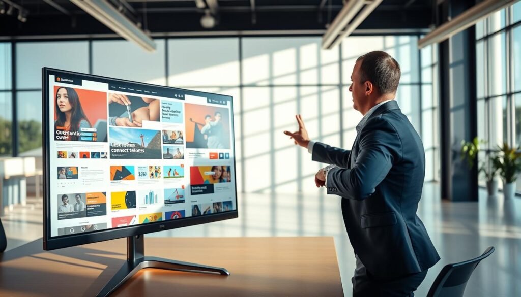 A modern workspace featuring a large computer screen displaying a dynamic website design in Flex Mode. In the foreground, a confident business professional in smart casual attire is interacting with the screen, illustrating the concept of freedom in web design. The middle ground showcases various design elements, including colorful layout templates and drag-and-drop interfaces. In the background, a bright, airy office with large windows allows natural light to flood in, creating an inviting atmosphere. Soft shadows play across the surfaces, emphasizing a sense of innovation and creativity. The overall mood is uplifting and inspiring, reflecting advanced control and flexibility in website creation. The perspective is slightly angled to create depth and focus on the interaction with the digital design. A modern workspace featuring a large computer screen displaying a dynamic website design in Flex Mode. In the foreground, a confident business professional in smart casual attire is interacting with the screen, illustrating the concept of freedom in web design. The middle ground showcases various design elements, including colorful layout templates and drag-and-drop interfaces. In the background, a bright, airy office with large windows allows natural light to flood in, creating an inviting atmosphere. Soft shadows play across the surfaces, emphasizing a sense of innovation and creativity. The overall mood is uplifting and inspiring, reflecting advanced control and flexibility in website creation. The perspective is slightly angled to create depth and focus on the interaction with the digital design.