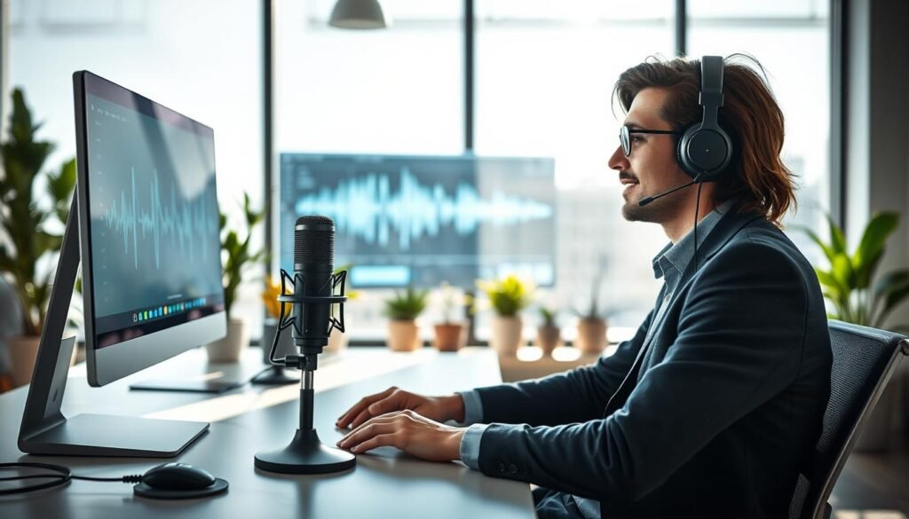 A modern workspace featuring a professional individual engaged in speech recognition technology. In the foreground, the individual, dressed in smart casual attire, sits at a sleek desk with a high-tech microphone and headphones, illustrating focused concentration. In the middle, a computer screen displays sound wave graphics and visual elements related to speech patterns. In the background, soft natural light filters through large windows, casting gentle shadows. The atmosphere conveys innovation and productivity, with potted plants subtly placed for a touch of warmth. The lens captures the scene from a slight upward angle, emphasizing the subject's engagement with the technology. An overall sense of clarity and modernity pervades the image, ideal for illustrating advancements in language learning through speech recognition. A modern workspace featuring a professional individual engaged in speech recognition technology. In the foreground, the individual, dressed in smart casual attire, sits at a sleek desk with a high-tech microphone and headphones, illustrating focused concentration. In the middle, a computer screen displays sound wave graphics and visual elements related to speech patterns. In the background, soft natural light filters through large windows, casting gentle shadows. The atmosphere conveys innovation and productivity, with potted plants subtly placed for a touch of warmth. The lens captures the scene from a slight upward angle, emphasizing the subject's engagement with the technology. An overall sense of clarity and modernity pervades the image, ideal for illustrating advancements in language learning through speech recognition.