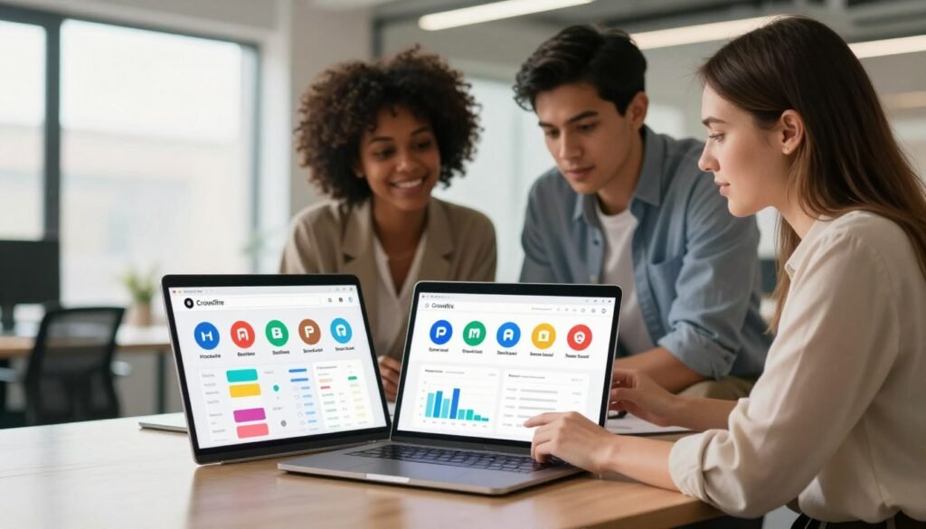 A modern workspace illustrating social media management tools as alternatives to Crowdfire for small businesses. Foreground features a sleek desk with a laptop displaying various icons of popular social media platforms like Hootsuite, Buffer, and Sprout Social, alongside colorful charts and analytics reports. In the middle, a diverse group of three professionals dressed in smart casual attire – a Black woman, a Hispanic man, and a Caucasian woman – collaborate over the laptop, discussing strategies. The background shows a bright, contemporary office environment with large windows allowing natural light to flood in, emphasizing productivity. Warm lighting creates an inviting atmosphere, while a slight shallow depth of field focuses on the team, leaving the tools in soft focus. A modern workspace illustrating social media management tools as alternatives to Crowdfire for small businesses. Foreground features a sleek desk with a laptop displaying various icons of popular social media platforms like Hootsuite, Buffer, and Sprout Social, alongside colorful charts and analytics reports. In the middle, a diverse group of three professionals dressed in smart casual attire – a Black woman, a Hispanic man, and a Caucasian woman – collaborate over the laptop, discussing strategies. The background shows a bright, contemporary office environment with large windows allowing natural light to flood in, emphasizing productivity. Warm lighting creates an inviting atmosphere, while a slight shallow depth of field focuses on the team, leaving the tools in soft focus.