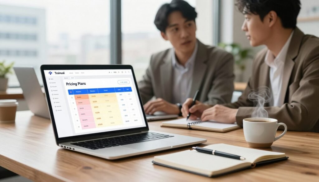 A modern workspace scene focused on pricing and plans for business software, featuring a sleek wooden table in the foreground with an open laptop displaying a vibrant dashboard of Trainual’s pricing tiers. A stylish notepad with a pen lies beside the laptop, and a cup of coffee, steam rising, adds warmth to the scene. In the middle ground, there are two professionals in smart casual attire discussing plans, their expressions focused and engaged. To the background, a large window lets in soft, natural light, illuminating a cityscape outside, conveying an atmosphere of productivity and innovation. Use a shallow depth of field to create a slight blur on the background, enhancing the focus on the laptop and the professionals. Overall, the mood is dynamic and organized, epitomizing streamlined business operations. A modern workspace scene focused on pricing and plans for business software, featuring a sleek wooden table in the foreground with an open laptop displaying a vibrant dashboard of Trainual’s pricing tiers. A stylish notepad with a pen lies beside the laptop, and a cup of coffee, steam rising, adds warmth to the scene. In the middle ground, there are two professionals in smart casual attire discussing plans, their expressions focused and engaged. To the background, a large window lets in soft, natural light, illuminating a cityscape outside, conveying an atmosphere of productivity and innovation. Use a shallow depth of field to create a slight blur on the background, enhancing the focus on the laptop and the professionals. Overall, the mood is dynamic and organized, epitomizing streamlined business operations.