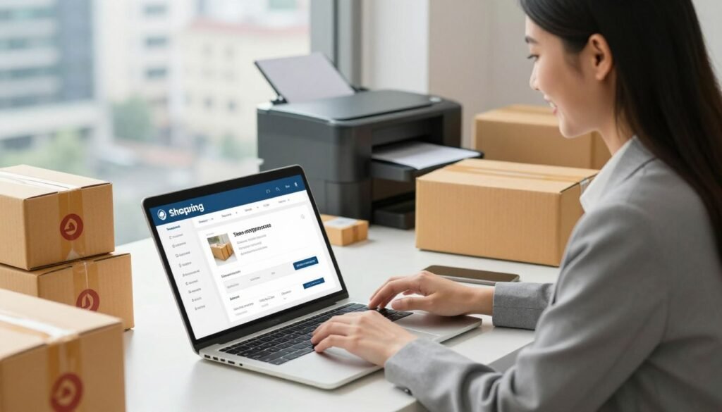 A modern workspace showcasing seamless e-commerce integration, with a sleek laptop displaying a user-friendly shipping software interface. In the foreground, a professional woman in smart business attire is interacting with the laptop, smiling as she explores various shipping options. The middle layer features an organized desk with shipping supplies like boxes, labels, and a printer, symbolizing efficiency. In the background, a bright window reveals a bustling cityscape, enhancing a sense of connectivity. Soft natural light illuminates the scene, creating a warm and inviting atmosphere. The camera angle is slightly angled downward, focusing on the laptop and the woman, evoking a sense of productivity and innovation. A modern workspace showcasing seamless e-commerce integration, with a sleek laptop displaying a user-friendly shipping software interface. In the foreground, a professional woman in smart business attire is interacting with the laptop, smiling as she explores various shipping options. The middle layer features an organized desk with shipping supplies like boxes, labels, and a printer, symbolizing efficiency. In the background, a bright window reveals a bustling cityscape, enhancing a sense of connectivity. Soft natural light illuminates the scene, creating a warm and inviting atmosphere. The camera angle is slightly angled downward, focusing on the laptop and the woman, evoking a sense of productivity and innovation.