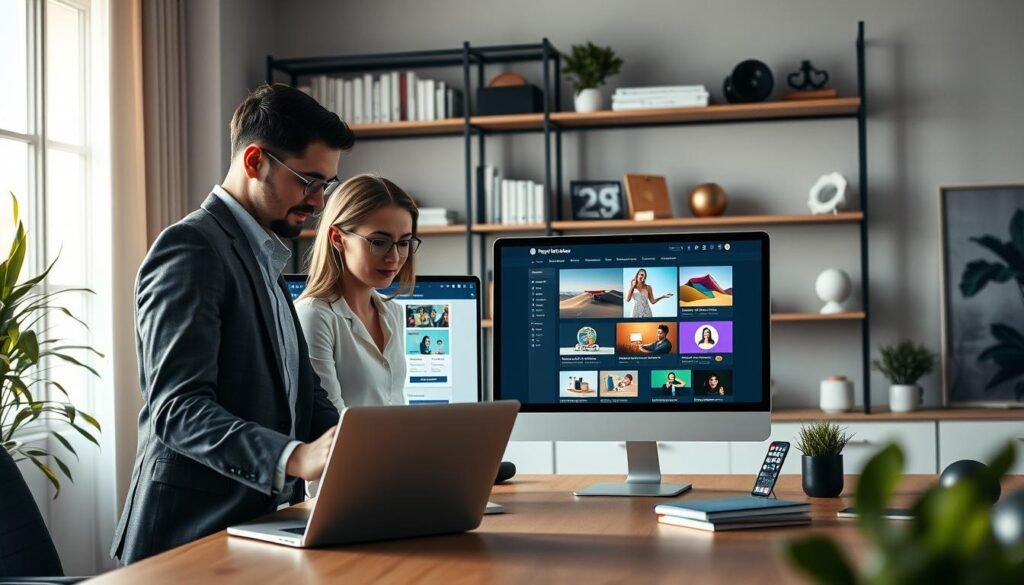 A modern workspace showcasing website builders in action. In the foreground, a professional male and female team collaborate on a sleek laptop, both dressed in business casual attire. The middle layer features a large computer monitor displaying a vibrant, user-friendly website design interface with colorful templates and intuitive drag-and-drop tools. In the background, shelves filled with design books and modern décor enhance the creative atmosphere. Soft, natural light pours in from a nearby window, casting a warm glow over the scene, while a minimalistic design aesthetic adds sophistication. The mood is productive and inspiring, reflecting the ease of creating professional websites. A modern workspace showcasing website builders in action. In the foreground, a professional male and female team collaborate on a sleek laptop, both dressed in business casual attire. The middle layer features a large computer monitor displaying a vibrant, user-friendly website design interface with colorful templates and intuitive drag-and-drop tools. In the background, shelves filled with design books and modern décor enhance the creative atmosphere. Soft, natural light pours in from a nearby window, casting a warm glow over the scene, while a minimalistic design aesthetic adds sophistication. The mood is productive and inspiring, reflecting the ease of creating professional websites.
