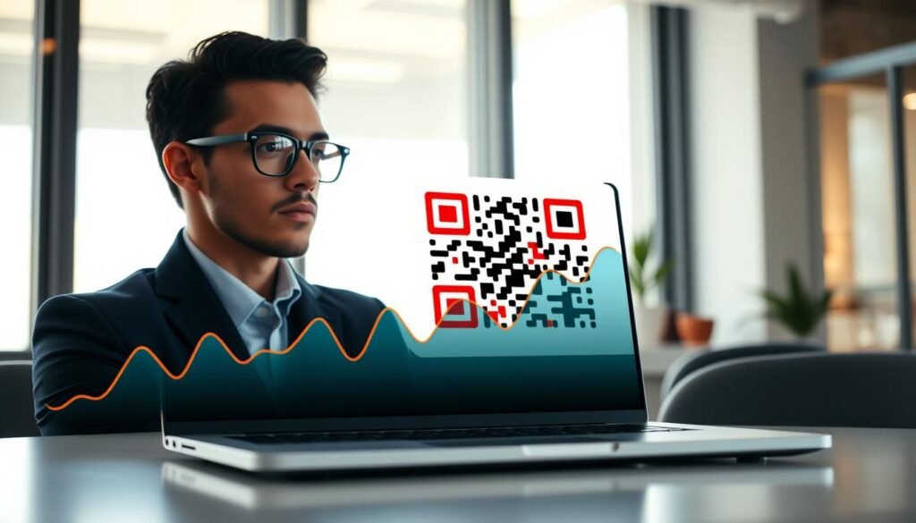 A modern workspace with a sleek laptop displaying colorful QR code designs on the screen. In the foreground, an analytical graph overlays the display, indicating real-time performance metrics. The middle ground features a thoughtful business professional, dressed in smart casual attire, focusing intently on the laptop. Subtle reflections of the screen are visible in their glasses. The background shows a bright, airy office environment with soft natural lighting coming from a large window, emphasizing a productive atmosphere. The overall mood is one of innovation and efficiency, illustrating the process of creating and customizing a QR code while tracking performance seamlessly. A modern workspace with a sleek laptop displaying colorful QR code designs on the screen. In the foreground, an analytical graph overlays the display, indicating real-time performance metrics. The middle ground features a thoughtful business professional, dressed in smart casual attire, focusing intently on the laptop. Subtle reflections of the screen are visible in their glasses. The background shows a bright, airy office environment with soft natural lighting coming from a large window, emphasizing a productive atmosphere. The overall mood is one of innovation and efficiency, illustrating the process of creating and customizing a QR code while tracking performance seamlessly.