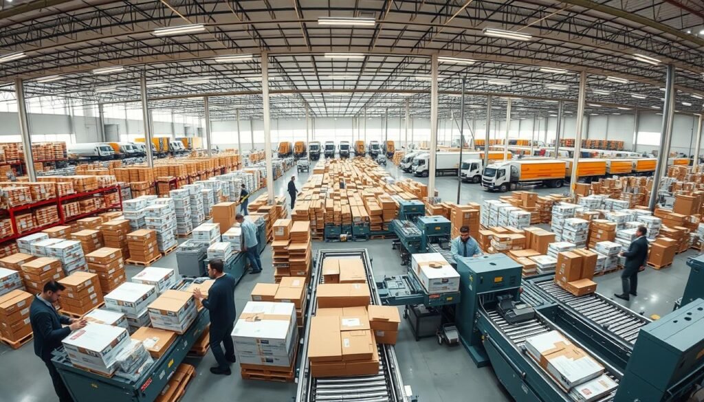 A panoramic view of a modern network fulfillment center in the United States, showcasing a vast, high-tech warehouse filled with rows of neatly stacked packages and shelves. In the foreground, professional workers in business attire are busily packing and organizing products for shipment, displaying efficiency and teamwork. The middle ground features automated conveyor belts transporting packages, with state-of-the-art sorting machines actively processing orders. Bright, natural lighting filters through large windows, creating an atmosphere of productivity and innovation. In the background, the bustling exterior reveals delivery trucks lined up for quick dispatch, emphasizing rapid delivery capabilities. The overall mood is dynamic and optimistic, reflecting the fast-paced world of e-commerce logistics. A panoramic view of a modern network fulfillment center in the United States, showcasing a vast, high-tech warehouse filled with rows of neatly stacked packages and shelves. In the foreground, professional workers in business attire are busily packing and organizing products for shipment, displaying efficiency and teamwork. The middle ground features automated conveyor belts transporting packages, with state-of-the-art sorting machines actively processing orders. Bright, natural lighting filters through large windows, creating an atmosphere of productivity and innovation. In the background, the bustling exterior reveals delivery trucks lined up for quick dispatch, emphasizing rapid delivery capabilities. The overall mood is dynamic and optimistic, reflecting the fast-paced world of e-commerce logistics.