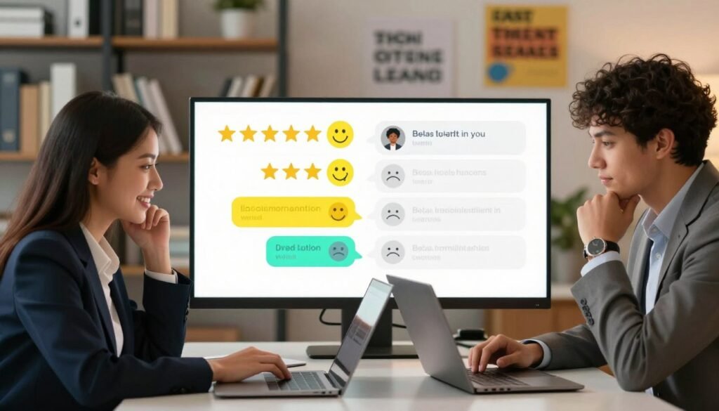 A professional and engaging image showcasing the contrasting experiences of online learners. In the foreground, two diverse individuals in business attire are seated at a well-lit desk, engaging with their laptops, one with a satisfied expression and another looking thoughtfully at their screen. In the middle, a split visual displays vibrant positive review snippets like stars and happy icons, contrasting with more muted colors representing critical reviews with subtle frown emojis. In the background, a blurred scene of a modern office environment with shelves of books and motivational posters creates a professional mood. Soft, warm lighting enhances the inviting atmosphere, giving a sense of focus and professionalism. The image captures the essence of user experiences in online education, emphasizing both positive and critical perspectives. A professional and engaging image showcasing the contrasting experiences of online learners. In the foreground, two diverse individuals in business attire are seated at a well-lit desk, engaging with their laptops, one with a satisfied expression and another looking thoughtfully at their screen. In the middle, a split visual displays vibrant positive review snippets like stars and happy icons, contrasting with more muted colors representing critical reviews with subtle frown emojis. In the background, a blurred scene of a modern office environment with shelves of books and motivational posters creates a professional mood. Soft, warm lighting enhances the inviting atmosphere, giving a sense of focus and professionalism. The image captures the essence of user experiences in online education, emphasizing both positive and critical perspectives.