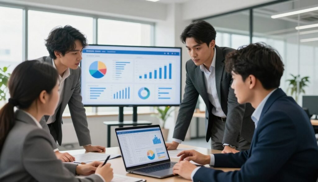 A professional and engaging office environment set in a bright, modern space. In the foreground, a diverse group of four individuals in business attire is gathered around a laptop displaying job search data and analytics, representing data-driven strategies. They are analyzing trends and discussing insights, with expressions of focused determination. The middle ground features a large digital screen displaying job statistics, graphs, and charts. The background showcases a spacious, well-lit office with large windows letting in natural light, plants, and modern furniture, creating a collaborative atmosphere. The scene conveys a sense of professionalism, teamwork, and technological sophistication, with a slight depth of field effect emphasizing the group’s interaction. A professional and engaging office environment set in a bright, modern space. In the foreground, a diverse group of four individuals in business attire is gathered around a laptop displaying job search data and analytics, representing data-driven strategies. They are analyzing trends and discussing insights, with expressions of focused determination. The middle ground features a large digital screen displaying job statistics, graphs, and charts. The background showcases a spacious, well-lit office with large windows letting in natural light, plants, and modern furniture, creating a collaborative atmosphere. The scene conveys a sense of professionalism, teamwork, and technological sophistication, with a slight depth of field effect emphasizing the group’s interaction.