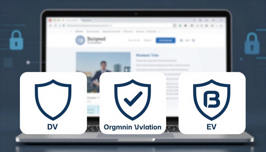 A professional and informative illustration depicting the three SSL validation levels: DV (Domain Validation), OV (Organization Validation), and EV (Extended Validation). In the foreground, three distinct certificate icons represent each validation type, with DV shown as a simple shield icon, OV as a shield with a checkmark and the organization’s name, and EV as a more elaborate shield displaying a company logo. The middle ground features a blurred laptop screen displaying a website with a URL bar indicating secure connections. The background subtly includes abstract digital elements and security motifs like padlocks and data streams. Soft, cool lighting enhances the technological atmosphere, creating a sense of trust and security in the digital space. The overall mood is professional and educational, ideal for illustrating SSL validation levels. A professional and informative illustration depicting the three SSL validation levels: DV (Domain Validation), OV (Organization Validation), and EV (Extended Validation). In the foreground, three distinct certificate icons represent each validation type, with DV shown as a simple shield icon, OV as a shield with a checkmark and the organization’s name, and EV as a more elaborate shield displaying a company logo. The middle ground features a blurred laptop screen displaying a website with a URL bar indicating secure connections. The background subtly includes abstract digital elements and security motifs like padlocks and data streams. Soft, cool lighting enhances the technological atmosphere, creating a sense of trust and security in the digital space. The overall mood is professional and educational, ideal for illustrating SSL validation levels.
