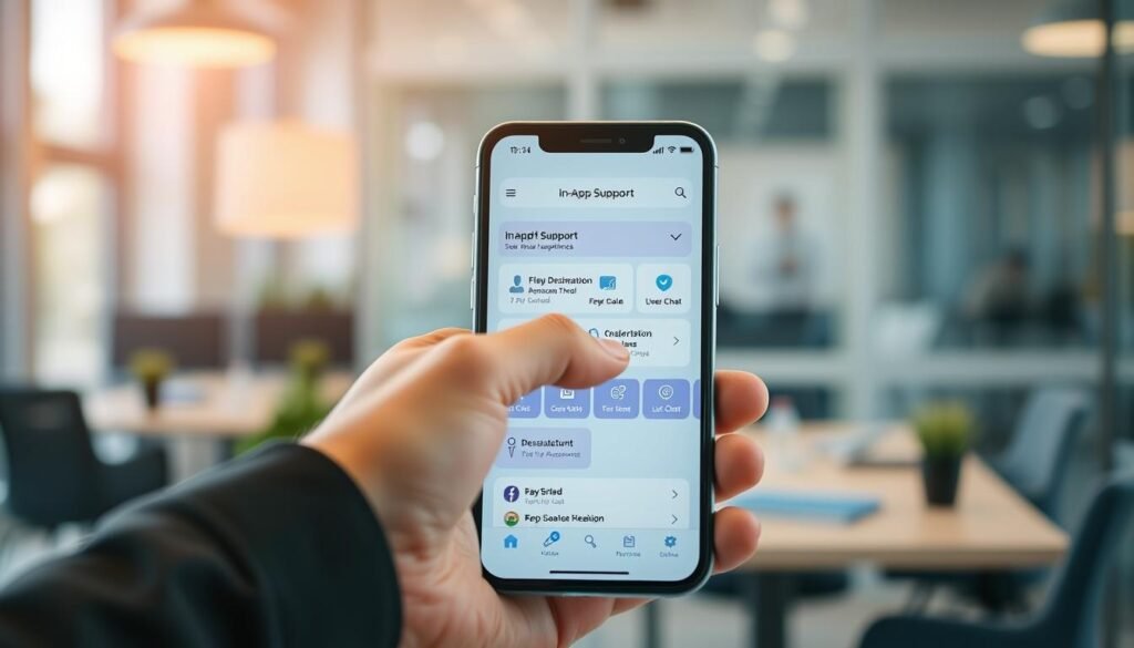 A professional and inviting mobile application interface showcasing an "in-app support" feature, designed for seamless user experience. In the foreground, display a smartphone with the app open, showing a clean and organized support dashboard with icons representing FAQs, live chat, and user feedback options. In the middle ground, a hand gently swipes on the screen, indicating user interaction. In the background, create a blurred office setting with soft lighting that evokes a sense of professionalism and comfort. The overall mood should be warm and encouraging, suggesting efficiency and user-friendliness. Use a slight top-down angle to highlight both the app interface and the hand, capturing an engaging perspective without any text or distractions. A professional and inviting mobile application interface showcasing an "in-app support" feature, designed for seamless user experience. In the foreground, display a smartphone with the app open, showing a clean and organized support dashboard with icons representing FAQs, live chat, and user feedback options. In the middle ground, a hand gently swipes on the screen, indicating user interaction. In the background, create a blurred office setting with soft lighting that evokes a sense of professionalism and comfort. The overall mood should be warm and encouraging, suggesting efficiency and user-friendliness. Use a slight top-down angle to highlight both the app interface and the hand, capturing an engaging perspective without any text or distractions.