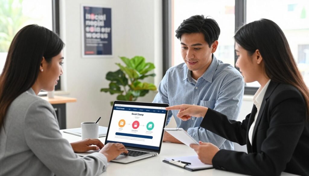 A professional and inviting office setting, featuring a clean desk with a laptop displaying the Social Champ signup page prominently. In the foreground, a diverse group of three individuals in business attire—one African American woman typing on the laptop, one Hispanic man pointing at the screen, and one Caucasian woman holding a notepad. They appear engaged and focused, sharing ideas as they collaborate on the signup process. The middle area shows a colorful step-by-step visual guide on the laptop screen, indicating the signup stages with simplified icons. In the background, a bright and airy office with motivational posters and lush greenery, lit by natural sunlight streaming through large windows, creating an optimistic and productive atmosphere. The image conveys teamwork and support, emphasizing a professional approach to managing social media. A professional and inviting office setting, featuring a clean desk with a laptop displaying the Social Champ signup page prominently. In the foreground, a diverse group of three individuals in business attire—one African American woman typing on the laptop, one Hispanic man pointing at the screen, and one Caucasian woman holding a notepad. They appear engaged and focused, sharing ideas as they collaborate on the signup process. The middle area shows a colorful step-by-step visual guide on the laptop screen, indicating the signup stages with simplified icons. In the background, a bright and airy office with motivational posters and lush greenery, lit by natural sunlight streaming through large windows, creating an optimistic and productive atmosphere. The image conveys teamwork and support, emphasizing a professional approach to managing social media.