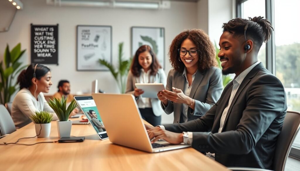 A professional and inviting office space showcasing a team assisting a diverse group of clients. In the foreground, a smiling customer service representative in smart casual attire is helping a client at a desk with a laptop open, displaying a Jimdo website. In the middle ground, another team member is interacting with a client on a tablet, providing guidance. The background features a well-lit office environment with large windows allowing natural light to flood in, creating a warm and welcoming atmosphere. Plants and motivational posters adorn the walls, enhancing the supportive vibe. The angle captures the action from slightly above, giving a sense of openness and collaboration, emphasizing a positive customer experience. A professional and inviting office space showcasing a team assisting a diverse group of clients. In the foreground, a smiling customer service representative in smart casual attire is helping a client at a desk with a laptop open, displaying a Jimdo website. In the middle ground, another team member is interacting with a client on a tablet, providing guidance. The background features a well-lit office environment with large windows allowing natural light to flood in, creating a warm and welcoming atmosphere. Plants and motivational posters adorn the walls, enhancing the supportive vibe. The angle captures the action from slightly above, giving a sense of openness and collaboration, emphasizing a positive customer experience.