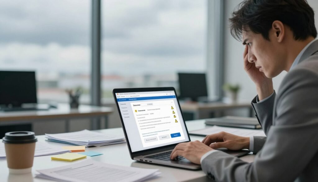A professional and modern office setting illustrating potential drawbacks and user concerns in domain registration and web hosting services. In the foreground, a concerned businessperson in professional attire examines a laptop screen displaying error messages and warning icons, emphasizing frustration. The middle layer consists of a cluttered desk with scattered papers, notes, and a coffee mug, symbolizing confusion and workload. In the background, a large window shows a cloudy sky, suggesting uncertainty and hesitation. Soft, diffused lighting casts gentle shadows, creating a slightly tense atmosphere. The angle is slightly tilted to evoke a sense of unease, while maintaining clarity and focus on the user’s expression and the challenges they face with the service. A professional and modern office setting illustrating potential drawbacks and user concerns in domain registration and web hosting services. In the foreground, a concerned businessperson in professional attire examines a laptop screen displaying error messages and warning icons, emphasizing frustration. The middle layer consists of a cluttered desk with scattered papers, notes, and a coffee mug, symbolizing confusion and workload. In the background, a large window shows a cloudy sky, suggesting uncertainty and hesitation. Soft, diffused lighting casts gentle shadows, creating a slightly tense atmosphere. The angle is slightly tilted to evoke a sense of unease, while maintaining clarity and focus on the user’s expression and the challenges they face with the service.