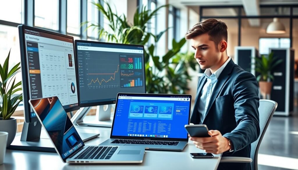 A professional and modern workspace depicting shared hosting service, featuring a sleek computer desk with multiple monitors displaying a user-friendly web hosting interface. In the foreground, a knowledgeable young person in smart casual attire is interacting with the screens, analyzing data and website performance. The middle ground showcases an open laptop and a smartphone, both logging into a hosting dashboard. In the background, a bright office environment with potted plants and large windows allowing natural light to flood in, creating a warm and inviting atmosphere. The lighting is soft yet sufficient, casting gentle shadows for depth. The overall mood conveys innovation, accessibility, and efficiency in shared hosting services. A professional and modern workspace depicting shared hosting service, featuring a sleek computer desk with multiple monitors displaying a user-friendly web hosting interface. In the foreground, a knowledgeable young person in smart casual attire is interacting with the screens, analyzing data and website performance. The middle ground showcases an open laptop and a smartphone, both logging into a hosting dashboard. In the background, a bright office environment with potted plants and large windows allowing natural light to flood in, creating a warm and inviting atmosphere. The lighting is soft yet sufficient, casting gentle shadows for depth. The overall mood conveys innovation, accessibility, and efficiency in shared hosting services.