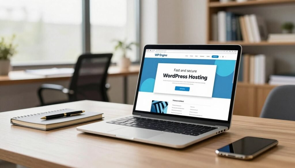 A professional and sophisticated workspace featuring a sleek laptop displaying the WP Engine website on the screen, symbolizing fast and secure WordPress hosting. In the foreground, a well-organized desk with essential tools like a notebook, stylish pen, and a smartphone. The middle ground includes a comfortable office chair and a large window allowing natural light to flood the room, creating a warm atmosphere. The background showcases shelves filled with neatly arranged books about technology and business. The lighting is bright and inviting, emphasizing the modern aesthetics of the office. The mood is focused and professional, inviting a sense of confidence in the final verdict. The image captures the essence of a trustworthy and efficient hosting recommendation without any text or distractions. A professional and sophisticated workspace featuring a sleek laptop displaying the WP Engine website on the screen, symbolizing fast and secure WordPress hosting. In the foreground, a well-organized desk with essential tools like a notebook, stylish pen, and a smartphone. The middle ground includes a comfortable office chair and a large window allowing natural light to flood the room, creating a warm atmosphere. The background showcases shelves filled with neatly arranged books about technology and business. The lighting is bright and inviting, emphasizing the modern aesthetics of the office. The mood is focused and professional, inviting a sense of confidence in the final verdict. The image captures the essence of a trustworthy and efficient hosting recommendation without any text or distractions.