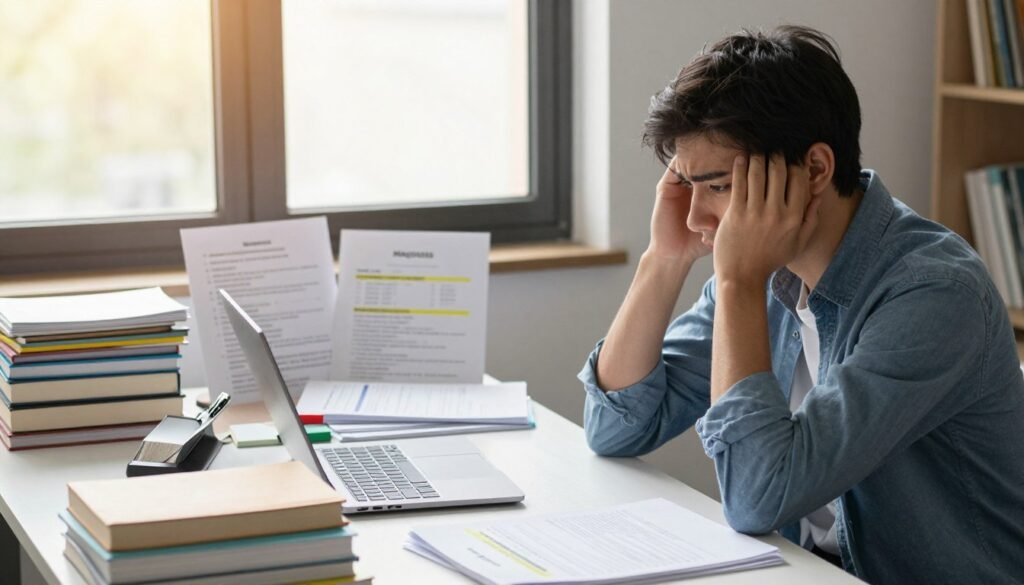 A professional and thoughtful scene illustrating the drawbacks of GRE prep, emphasizing critical considerations before making a purchase decision. In the foreground, a worried student sits at a cluttered desk, surrounded by various study materials like books, notebooks, and a laptop displaying the Magoosh website. The student, dressed in smart casual attire, has a contemplative expression, reflecting concern about their readiness. In the middle, scattered evaluation forms and highlighted study guides display common prep pitfalls. The background features a large window allowing natural light to pour in, casting a warm glow over the scene. Soft shadows create a reflective mood, suggesting an atmosphere of serious contemplation. The image composition is warm and inviting, yet serious, capturing the essence of thoughtfully weighing options before making a decision. A professional and thoughtful scene illustrating the drawbacks of GRE prep, emphasizing critical considerations before making a purchase decision. In the foreground, a worried student sits at a cluttered desk, surrounded by various study materials like books, notebooks, and a laptop displaying the Magoosh website. The student, dressed in smart casual attire, has a contemplative expression, reflecting concern about their readiness. In the middle, scattered evaluation forms and highlighted study guides display common prep pitfalls. The background features a large window allowing natural light to pour in, casting a warm glow over the scene. Soft shadows create a reflective mood, suggesting an atmosphere of serious contemplation. The image composition is warm and inviting, yet serious, capturing the essence of thoughtfully weighing options before making a decision.