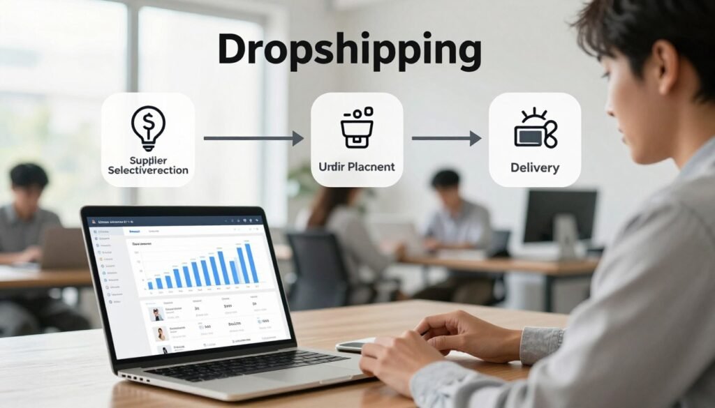 A professional and visually engaging dropshipping workflow guide illustrated as an infographic. In the foreground, a sleek laptop displays a digital dashboard with graphs and product listings, while a person in professional attire reviews the data, conveying focus and productivity. The middle layer features distinct steps of the dropshipping process, such as supplier selection, order placement, and delivery, represented with minimalist icons and arrows for clarity. The background showcases a bright, modern office environment with soft natural lighting filtering through large windows, creating a collaborative atmosphere. The overall mood is organized and efficient, emphasizing the streamlined nature of the sales process. The composition is well-balanced, providing a clear and informative visual guide. A professional and visually engaging dropshipping workflow guide illustrated as an infographic. In the foreground, a sleek laptop displays a digital dashboard with graphs and product listings, while a person in professional attire reviews the data, conveying focus and productivity. The middle layer features distinct steps of the dropshipping process, such as supplier selection, order placement, and delivery, represented with minimalist icons and arrows for clarity. The background showcases a bright, modern office environment with soft natural lighting filtering through large windows, creating a collaborative atmosphere. The overall mood is organized and efficient, emphasizing the streamlined nature of the sales process. The composition is well-balanced, providing a clear and informative visual guide.