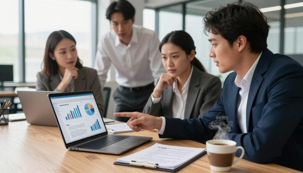 A professional and visually engaging workspace scene illustrating the pros and cons evaluation for software deals. In the foreground, a wooden desk is neatly organized with a laptop displaying charts and graphs, a notepad filled with handwritten pros and cons, and a steaming cup of coffee. In the middle, a diverse group of three professionals—two men and one woman—dressed in business attire, are engaged in a thoughtful discussion while pointing at the laptop screen. They exhibit expressions of contemplation and enthusiasm. The background features a modern office environment with large windows letting in natural light, casting soft shadows, and creating a collaborative atmosphere. The overall mood is focused and productive, reflecting a thorough evaluation process. A professional and visually engaging workspace scene illustrating the pros and cons evaluation for software deals. In the foreground, a wooden desk is neatly organized with a laptop displaying charts and graphs, a notepad filled with handwritten pros and cons, and a steaming cup of coffee. In the middle, a diverse group of three professionals—two men and one woman—dressed in business attire, are engaged in a thoughtful discussion while pointing at the laptop screen. They exhibit expressions of contemplation and enthusiasm. The background features a modern office environment with large windows letting in natural light, casting soft shadows, and creating a collaborative atmosphere. The overall mood is focused and productive, reflecting a thorough evaluation process.