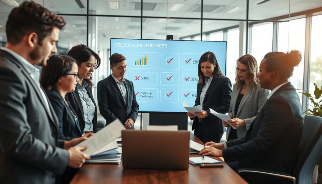 A professional business environment depicting a seller verification process. In the foreground, a diverse group of business professionals, dressed in smart attire, are engaged in a discussion over documents and a laptop. The middle ground features a large screen displaying graphs, charts, and checkboxes that represent verification steps. In the background, a modern office with glass walls reflects a bright, well-lit atmosphere, enhanced by natural daylight streaming through large windows. The mood should be focused and collaborative, conveying diligence and trustworthiness in the context of safeguarding against fraud. Use a wide-angle lens to capture the entire scene, ensuring clarity and depth. A professional business environment depicting a seller verification process. In the foreground, a diverse group of business professionals, dressed in smart attire, are engaged in a discussion over documents and a laptop. The middle ground features a large screen displaying graphs, charts, and checkboxes that represent verification steps. In the background, a modern office with glass walls reflects a bright, well-lit atmosphere, enhanced by natural daylight streaming through large windows. The mood should be focused and collaborative, conveying diligence and trustworthiness in the context of safeguarding against fraud. Use a wide-angle lens to capture the entire scene, ensuring clarity and depth.