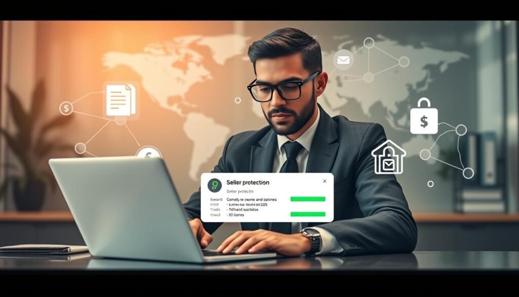 A professional business environment showcasing "seller protection" on Fiverr. In the foreground, a confident freelance seller in smart business attire, seated at a modern desk, carefully reviewing payment notifications on a laptop. The seller's focused expression conveys determination and assurance. In the middle ground, elements like digital payment icons and charts illustrating financial security surround the seller, emphasizing the importance of timely payments and funds release. The background features an abstract representation of interconnected networks symbolizing global transactions and support. Soft, warm lighting creates a welcoming atmosphere, with a shallow depth of field directing focus on the seller. The image captures a sense of empowerment, trust, and professionalism, essential for showcasing Fiverr's seller support. A professional business environment showcasing "seller protection" on Fiverr. In the foreground, a confident freelance seller in smart business attire, seated at a modern desk, carefully reviewing payment notifications on a laptop. The seller's focused expression conveys determination and assurance. In the middle ground, elements like digital payment icons and charts illustrating financial security surround the seller, emphasizing the importance of timely payments and funds release. The background features an abstract representation of interconnected networks symbolizing global transactions and support. Soft, warm lighting creates a welcoming atmosphere, with a shallow depth of field directing focus on the seller. The image captures a sense of empowerment, trust, and professionalism, essential for showcasing Fiverr's seller support.